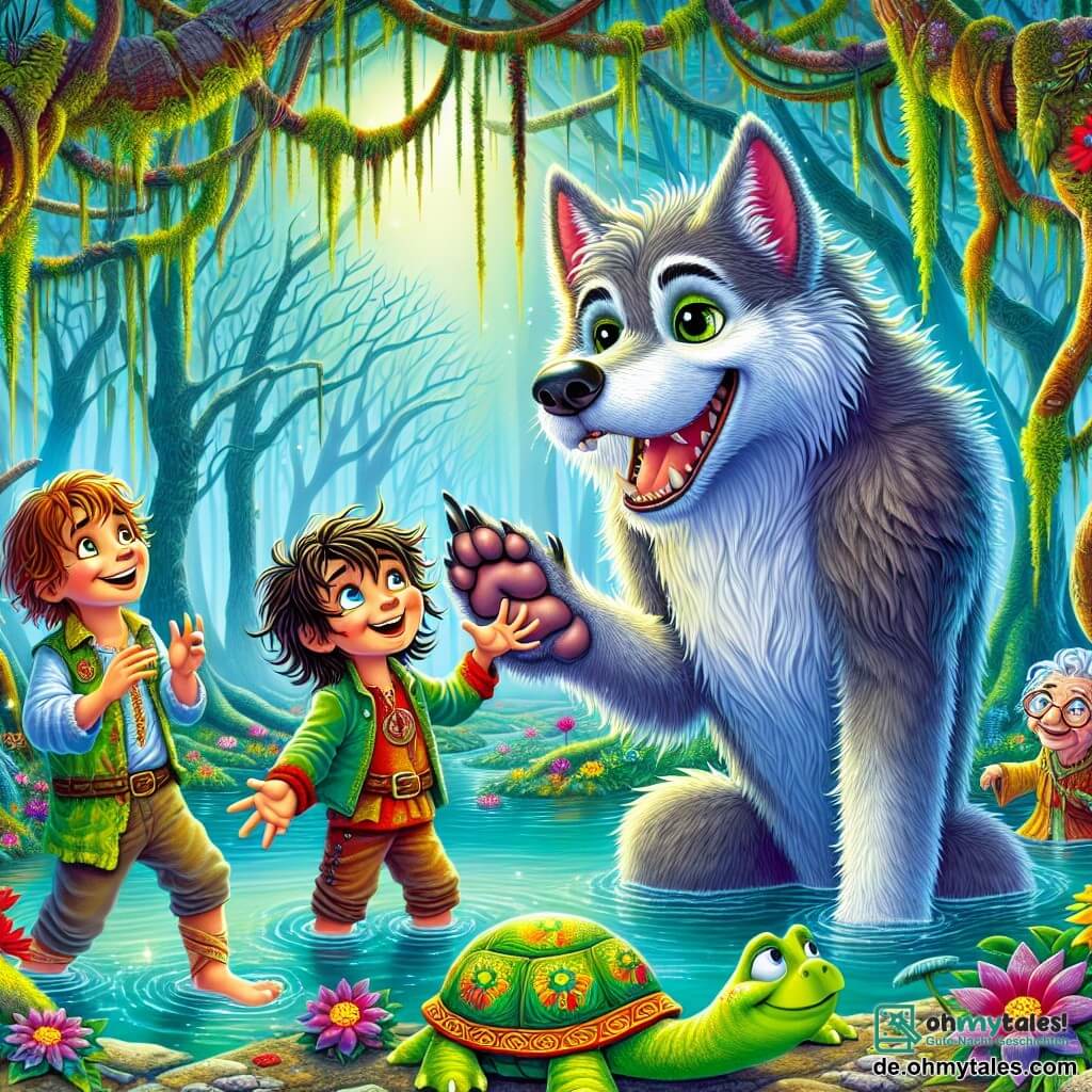 Ein freundlicher Werwolf mit weichem, silbernem Fell und leuchtenden, ausdrucksvollen Augen steht im Mittelpunkt der Szene und zeigt ein großes, fröhliches Lächeln. Er streckt die Pfote zu einer Gruppe von Freunden aus und zeigt seine Begeisterung und Freundlichkeit. Rechts von ihm steht ein 8-jähriger Junge namens Felix mit zerzausten braunen Haaren und bunten Kleidern, der den Werwolf mit weit aufgerissenen Augen voller Überraschung und Freude ansieht und vor Energie auf der Stelle hüpft. Links sitzt eine freundliche Schildkröte namens Theodor mit einem grünen Panzer, der mit goldenen Mustern verziert ist, langsam und weise lächelnd auf einem Felsen und beobachtet die Szene mit Wohlwollen. Die Kulisse ist ein wunderschöner und mysteriöser Sumpf mit knorrigen Baumstämmen, hängenden Lianen und bunten Blumen, die aus dem morastigen Boden wachsen. Ein leichter Nebel schwebt über dem glitzernden Wasser und schafft eine magische, bezaubernde Atmosphäre. Die Hauptsituation zeigt den Werwolf und seine Freunde, die ihr kürzliches Abenteuer feiern, lachen und Geschichten unter den Sonnenstrahlen erzählen, die durch den Nebel brechen, erfüllt von Freude und Freundschaft.