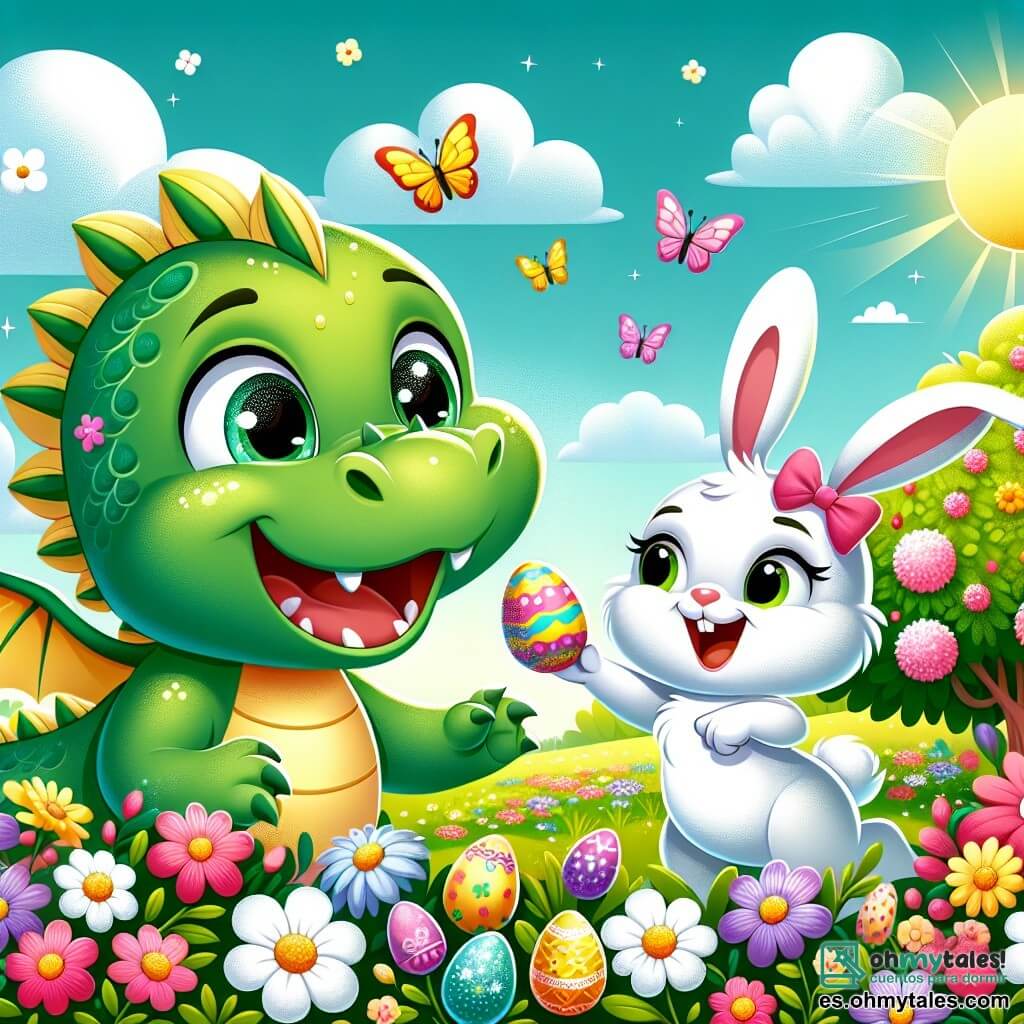 Un pequeño dragón verde con escamas brillantes y ojos chispeantes de alegría, con una amplia sonrisa, busca huevos de Pascua coloridos en un jardín soleado. A su lado, una conejita blanca con grandes orejas y un lazo rosa alrededor del cuello salta de felicidad, con los ojos brillantes de emoción mientras señala un huevo escondido bajo un arbusto florecido. El jardín está lleno de flores vibrantes, mariposas revoloteando y un cielo azul claro, creando una atmósfera alegre y festiva. La escena muestra al dragón y a la conejita en plena búsqueda de huevos, rodeados de colores vivos y risas, ilustrando la magia y la alegría de la Pascua.
