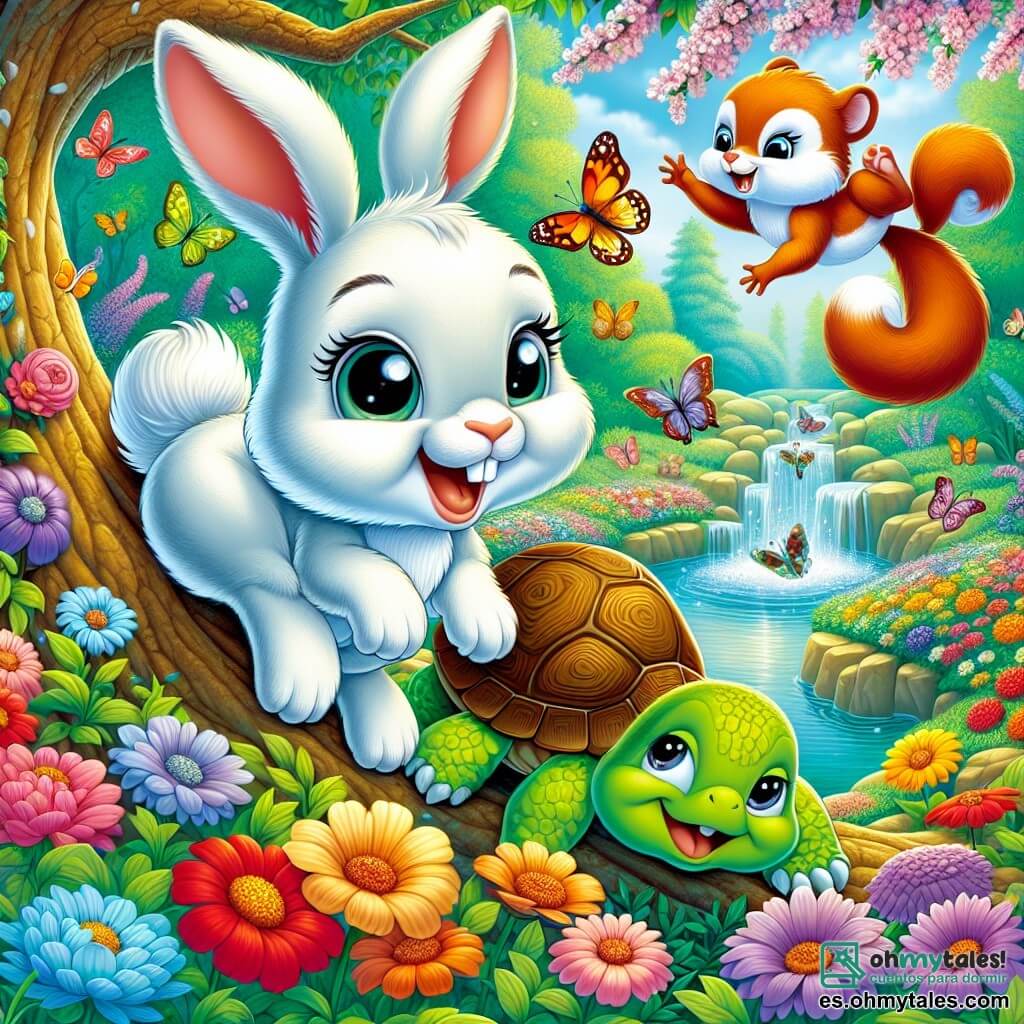 Pipo, un pequeño conejo blanco con grandes orejas y ojos brillantes de curiosidad, salta alegremente en un jardín colorido, buscando un huevo de Pascua escondido. Tiene una sonrisa radiante en su rostro, mostrando su emoción. Cerca de allí, Lila, una ardiente ardilla de pelaje rojizo y ojos vivos, trepa por una rama de árbol, mirando a su alrededor con un aire travieso, lista para ayudar a su amigo. Tito, una tortuga de caparazón verde y ojos sabios, se mueve lentamente por el suelo, observando atentamente las flores con una expresión concentrada. El jardín está lleno de flores brillantes de todos los colores, las mariposas danzan en el aire y una fuente mágica brilla en el centro, añadiendo un toque de misterio al entorno. La escena muestra a Pipo y sus amigos en plena búsqueda del misterioso huevo de Pascua escondido, rodeados de la belleza encantada del jardín.