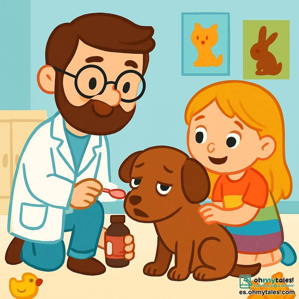 Un veterinario hombre, el doctor Lucas, sonriente y benevolente, lleva una bata blanca y gafas redondas. Tiene el cabello castaño y una barba ligera. Está agachado, sosteniendo una cucharita rosa con jarabe, listo para darle el medicamento a un adorable perrito marrón llamado Tito, que parece curioso y un poco cansado. A su lado, Ana, una niña de 6 años con cabello largo y rubio, lleva un vestido colorido. Mira atentamente al veterinario, con los ojos brillantes de esperanza, mientras acaricia suavemente a Tito. La escena se desarrolla en una clínica veterinaria luminosa, con paredes pintadas de azul claro, carteles de diferentes animales colgados y juguetes suaves esparcidos por el suelo. El doctor Lucas ayuda a Tito a tomar su medicamento, mientras Ana, llena de amor y preocupación, observa con una gran sonrisa, lista para cuidar de su amigo de cuatro patas.