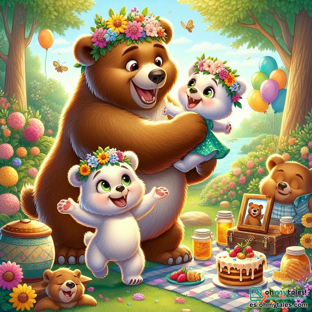Ilustración que representa un pequeño oso marrón, con un pelaje suave y ojos chispeantes de alegría, sosteniendo una corona de flores coloridas y sonriendo con entusiasmo. A su lado, una pequeña osa blanca, con ojos brillantes y una sonrisa radiante, baila alegremente mientras sostiene un antiguo marco de fotos que muestra una imagen de su papá oso. Su padre, un gran oso marrón, está en el centro, con una expresión emotiva y una amplia sonrisa, llevando la corona de flores en su cabeza, rodeado de sus hijos. La escena tiene lugar en un jardín exuberante, lleno de flores brillantes de colores vivos, vegetación frondosa y una gran manta de picnic con deliciosos manjares como tarros de miel y un pastel. La situación principal muestra a los tres osos celebrando alegremente el día del padre, rodeados de risas y amor, con rayos de sol filtrándose a través de los árboles, creando una atmósfera cálida y festiva. Otros elementos gráficos incluyen globos coloridos flotando en el aire, pájaros cantando en los árboles y un cielo azul claro salpicado de nubes blancas esponjosas.