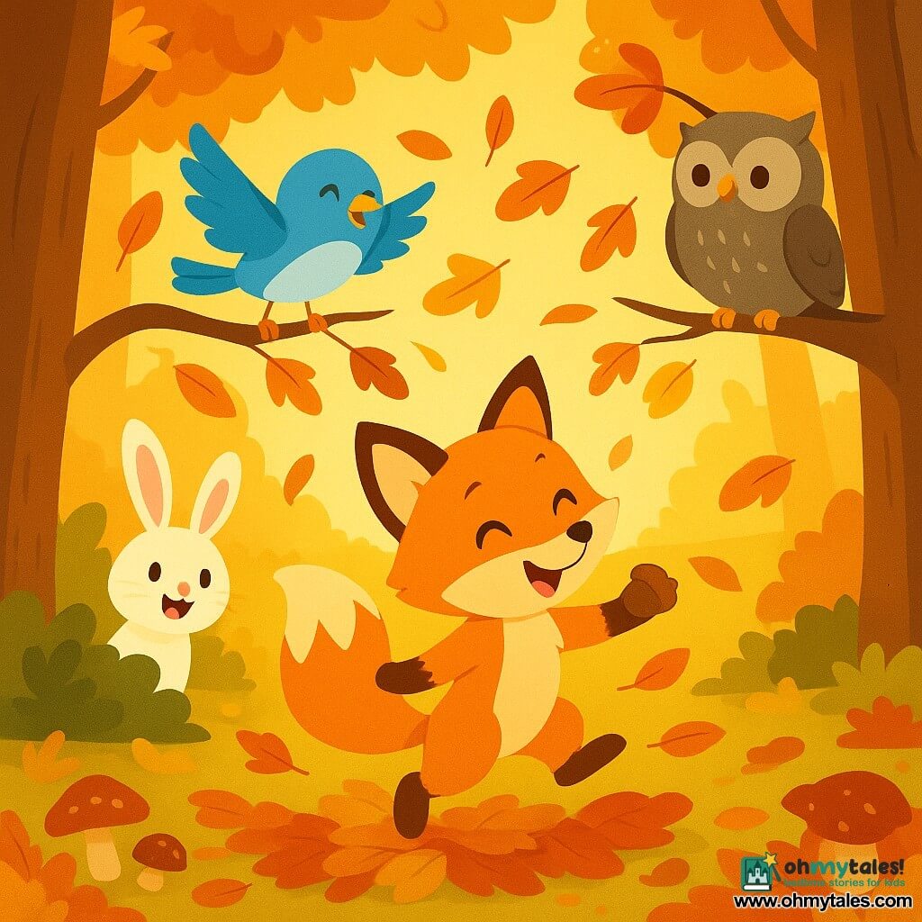 Finley, a small red fox (main character) with bright orange fur and a very bushy tail, balances on falling leaves holding a dark brown hazelnut; Bella, a small blue tit (secondary), lively and smiling, perches on a branch above, fluttering her wings; Oliver, a round gray owl (secondary), calm and kind, sits on a higher right branch watching with soft round eyes; Lily, a fluffy white rabbit (secondary), surprised and joyful, pops out of a low bush on the left with ears up; setting: a wooded clearing at the edge of a meadow, ground carpeted with red, yellow, and brown leaves, a few acorns and mushrooms scattered, golden low autumn sunlight filtering through tree trunks; scene: a warm, lively autumn moment with leaves swirling around the fox playing, surrounded by friends, saturated colors and simple shapes suitable for toddlers.