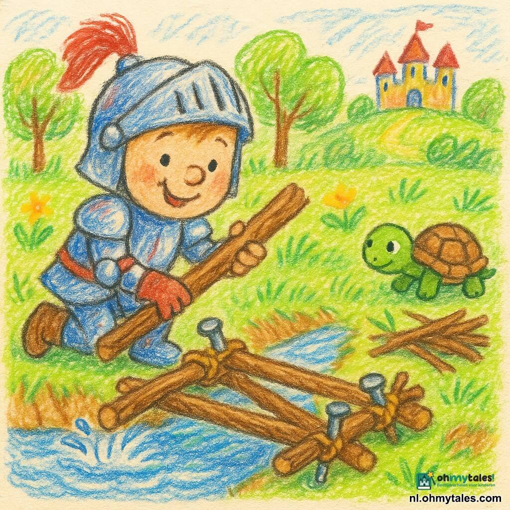 Een jonge ridderjongen genaamd Koen met een rond, glimlachend gezicht en iets te grote helm draagt glanzende pantserplaten met blauwe en rode tinten; hij knielt op de linkeroever en legt met een dikke tak een houten balk om een eenvoudige loopbrug te bouwen. Een kleine groene schildpad met een bruine rug en nieuwsgierige ronde ogen schuifelt langzaam naast hem op de rechteroever bij een stapel takken en kijkt naar de brug in aanbouw. De scène is een bosopen plek met lichtgroene ronde bladeren, gras met gele bloemen, een brede glinsterende rivier die de blauwe lucht weerkaatst en op een heuvel in de verte een klein kleurig kasteel; de sfeer is warm en veilig, levendige kleuren, zichtbare potloodlijnen en zachte contouren geschikt voor jonge kinderen.