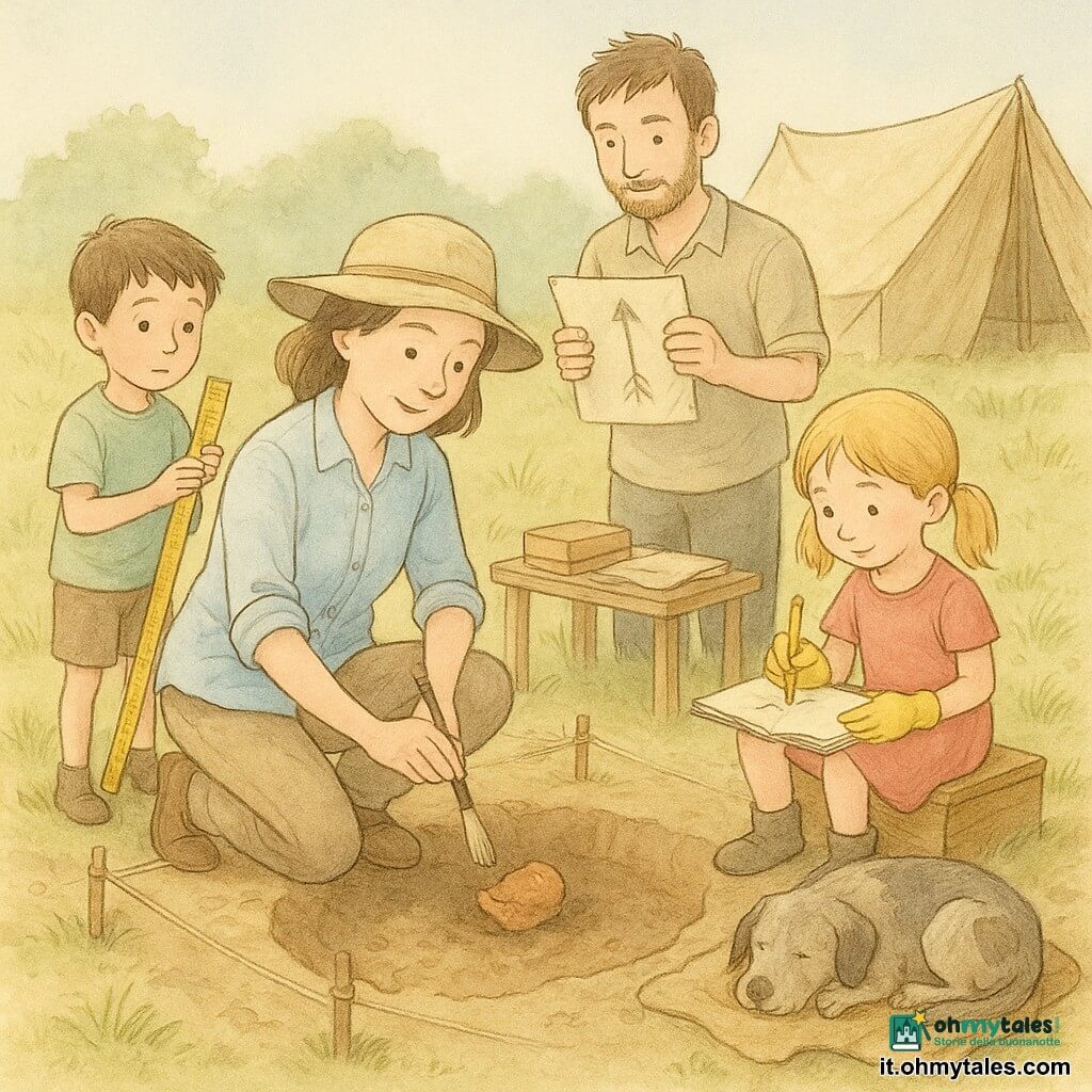 Una donna archeologa sorridente e concentrata, con camicia azzurra e cappello beige morbido, inginocchiata al bordo di uno scavo circolare mentre pulisce delicatamente un piccolo frammento di terracotta con un pennello sottile; un bambino di 7 anni, capelli castani corti, tiene un righello di plastica e misura la profondità del foro, attento e curioso; una bambina di 5 anni, capelli biondi a codini, con guanti gialli tiene un taccuino aperto dove disegna la freccia del nord, seduta su una piccola cassa di legno vicino allo scavo; un assistente di circa 30 anni, con barba leggera, traccia la freccia del nord su un piano di carta posato a terra stando dietro alla donna; un vecchio cane di nome Pepe, pelo grigio con macchie marroni, dorme rannicchiato vicino a una coperta all'ombra di una piccola tenda; il luogo è un campo erboso a terreno sabbioso con lo scavo circolare circondato da picchetti e corde, un tavolo di legno con scatole e teli protettivi e una tenda beige sullo sfondo; la scena principale mostra la donna che pulisce e scopre un frammento di ceramica, tutti i presenti osservano con dolcezza e rispetto, luce mattutina tenue e ombre leggere.