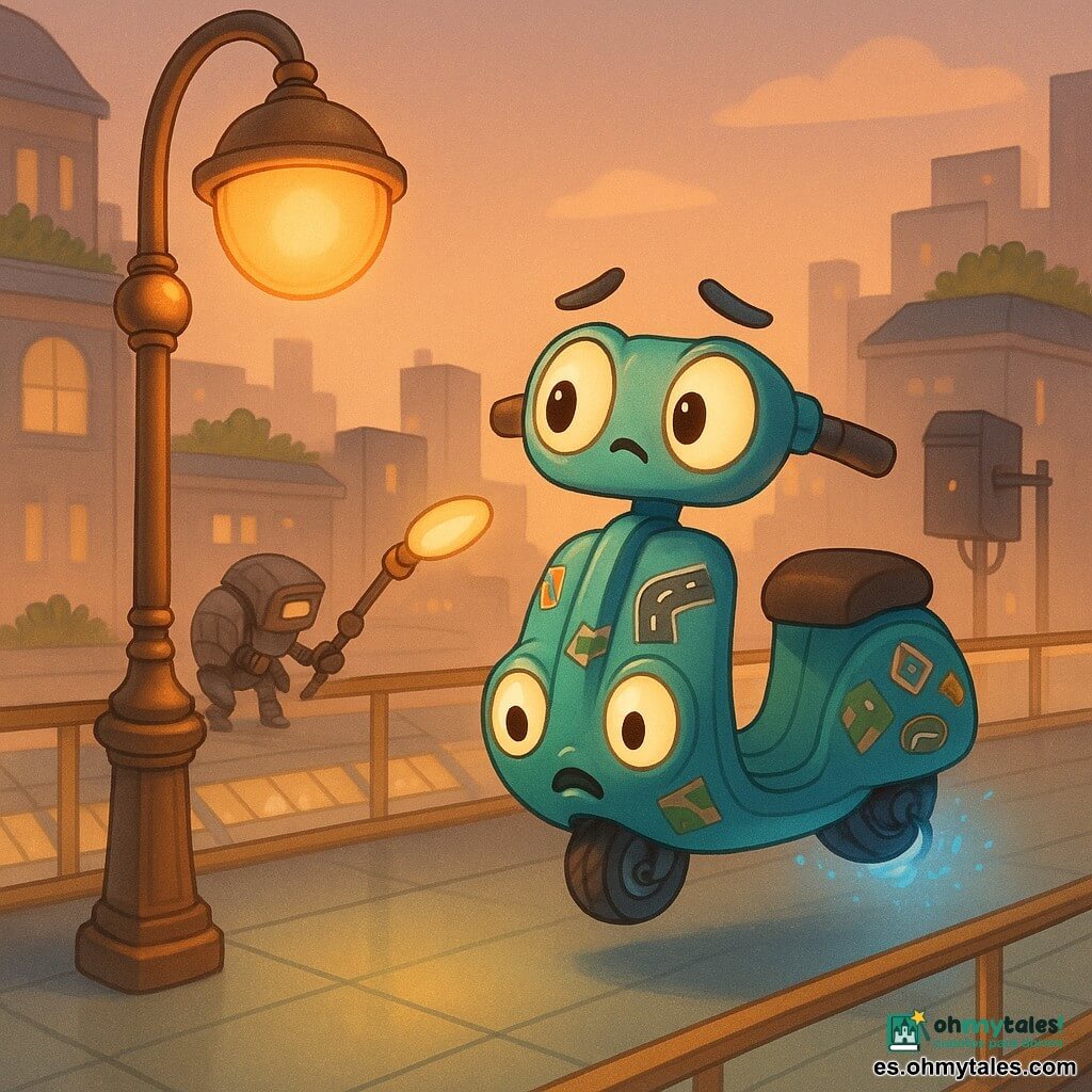 Una patineta volante (personaje principal), silueta compacta y brillante color turquesa con pequeñas pegatinas de carreteras, expresión valiente pero preocupada, faros grandes como ojos, manillar ligeramente inclinado, flota a centímetros del suelo temblando con una bobina trasera que emite chispas azules; una farola de esquina (personaje secundario) de bronce pulido con globo de vidrio, gesto benevolente y brazo luminoso estirado desde la izquierda proyectando un halo dorado para guiarla; un pequeño robot-armadillo de mantenimiento (secundario) con caparazón metálico por placas, pinza y escáner desplegados, método y calma, llega por la pasarela para retirar un emisor negro clandestino; lugar: una pasarela aérea de vidrio entre dos torres con barandillas de neón dorado, azoteas-jardín en terrazas, mercados acristalados abajo como cajas de luz y cielo crepuscular color melocotón metálico; situación: la patineta ha perdido levitación junto a un poste clandestino, la farola la guía y el robot se aproxima para quitar el emisor — tensión suave y acto de ayuda en una ciudad futurista luminosa.