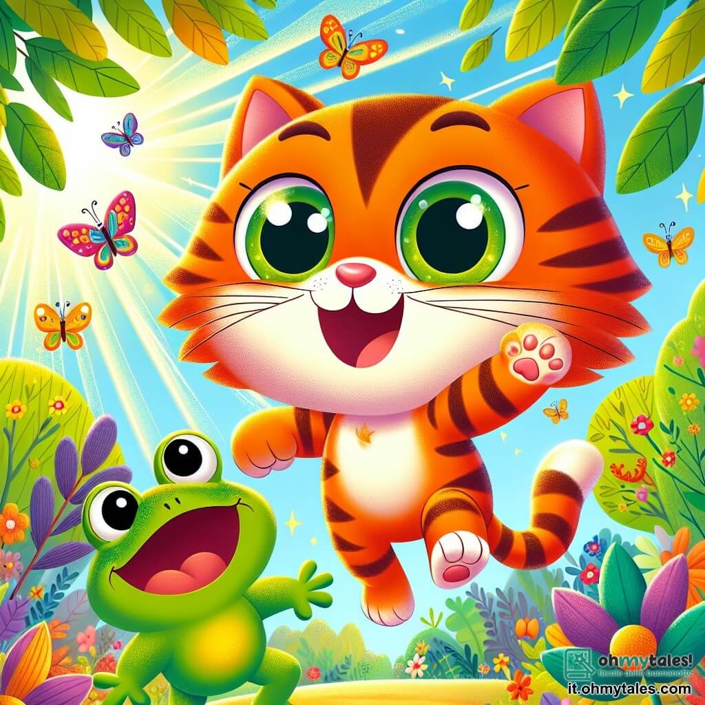 Un gatto curioso di nome Micio, con un pelo a strisce arancioni e occhi verdi brillanti di eccitazione, salta gioiosamente in aria, con un grande sorriso sul viso. Accanto a lui, una piccola rana di nome Riny, con una pelle verde lucida e occhi rotondi, canta saltellando, con le zampe posteriori in aria, piena di gioia. La scena si svolge in una giungla colorata, con alberi dalle foglie lussureggianti, fiori dai colori vivaci e raggi di sole che filtrano tra i rami, creando un'atmosfera magica. Micio e Riny partecipano a una corsa di salti, circondati da altri animali del villaggio, tutti che ridono e applaudono, mentre Micio cerca di seguire una farfalla colorata che vola intorno a loro, aggiungendo un tocco di dinamismo a questa gioiosa competizione.