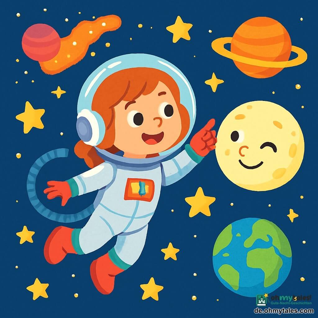 Eine junge Astronautin, Lena, lächelt voller Staunen und schwebt im Weltraum, gekleidet in einen glänzenden, bunten silbernen Raumanzug mit einem transparenten Helm. Ihre Augen funkeln vor Freude, während sie auf die funkelnden Sterne um sich herum zeigt. In der Nähe winkt der große, freundliche Mond mit einem lächelnden Gesicht und sanften Kratern. Der Hintergrund ist ein weitläufiger Sternenhimmel, gefüllt mit bunten Planeten und leuchtenden Nebeln, während die blaue und grüne Erde in der Ferne wie eine Marmor-Kugel sichtbar ist. Lena entdeckt in der Schwerelosigkeit die Wunder des Universums, fasziniert von der Schönheit der Sterne und des Kosmos um sie herum.