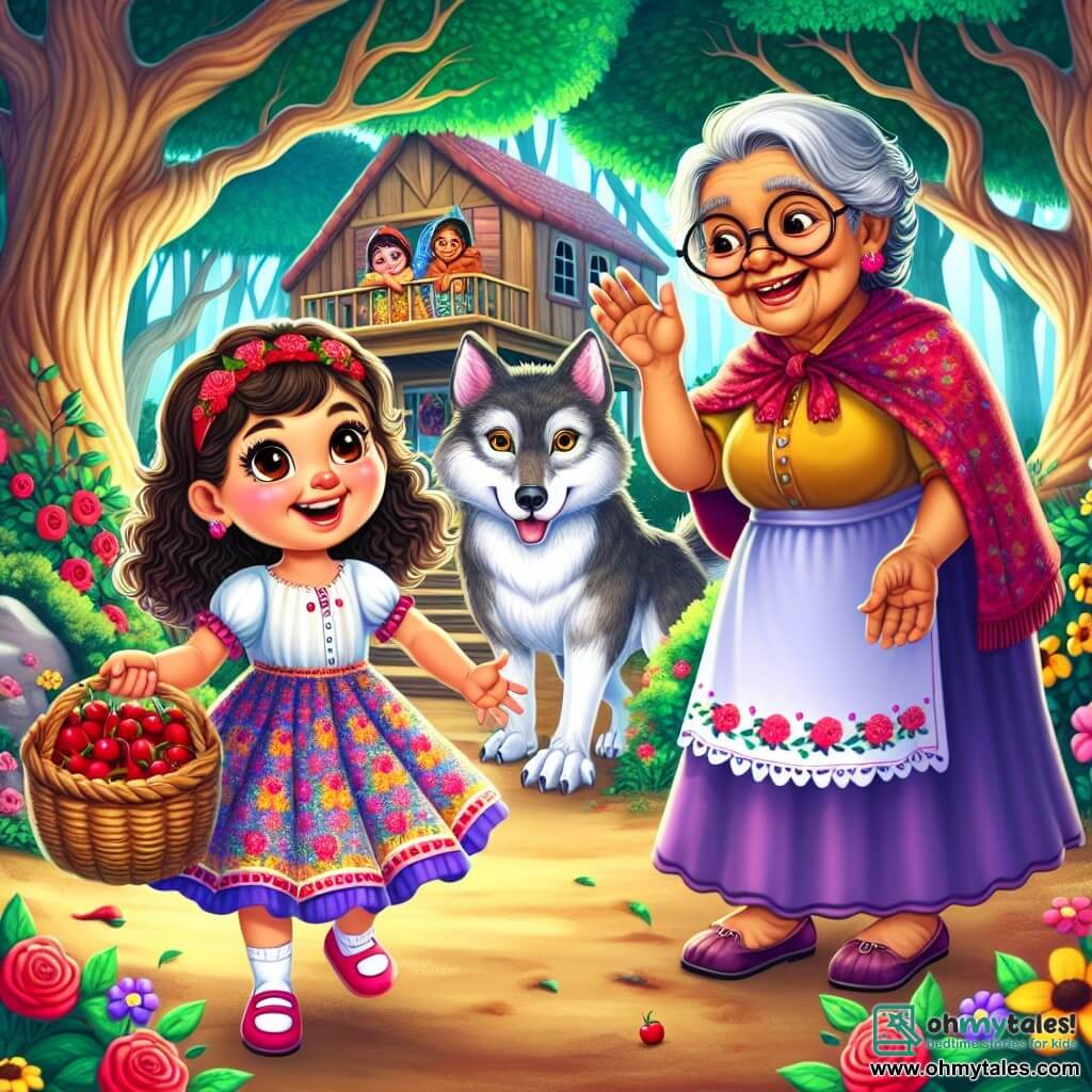 A 4-year-old girl with big bright eyes and curly hair wears a colorful dress and carries a basket full of berries. She has a joyful smile on her face, showing her excitement as she stands in front of her grandmother's house. Next to her, a sweet grandmother, around 70 years old with round glasses and gray hair, looks at her tenderly with her hands on her hips, ready to welcome her granddaughter. In the background, a sly wolf with gray fur and mischievous eyes hides behind a tree, curiously observing the scene. The setting is an enchanted forest filled with majestic trees with vibrant green leaves, colorful flowers dancing in the wind, and a dirt path leading to the grandmother's wooden house, surrounded by flowering bushes. The main situation shows the little girl and her grandmother, happy and carefree, while the wolf, intrigued by the berries, is about to approach, creating a moment of amusing and magical tension.