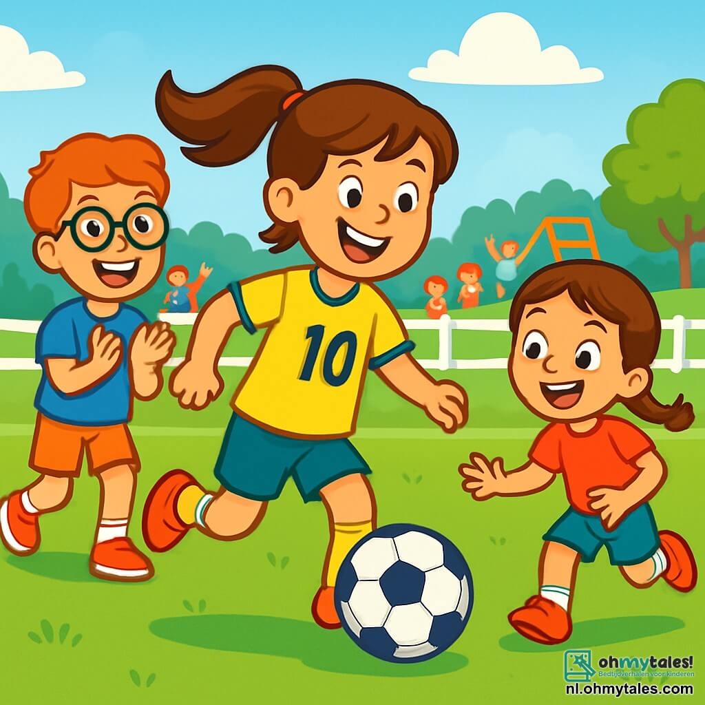 Een jong meisje, Lisa, ongeveer 10 jaar oud, met een glimlach en vol energie, draagt een felgele voetbalshirt met nummer 10. Haar bruine haar, in een paardenstaart, wappert in de wind terwijl ze de bal over het veld dribbelt. Naast haar staat een jongen van 9 jaar, Sam, met een bril en een blauwe t-shirt, die Lisa aanmoedigt met een grote glimlach. Een ander kind, Emma, een meisje van 8 jaar met vlechten, rent naar de bal, met sprankelende ogen van opwinding. Het voetbalveld is groen, omringd door witte hekken en enthousiaste toeschouwers, met een helderblauwe lucht en enkele wolken erboven. Op de achtergrond zijn groene bomen en kinderen die op een speelplaats spelen. De scène toont Lisa die de bal aan Emma passeert, terwijl Sam enthousiast aanmoedigt. De sfeer is vrolijk en dynamisch, vol energie en kameraadschap, wat het plezier van het spel en de teamgeest illustreert.