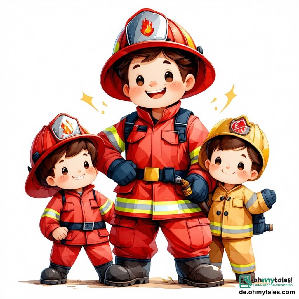 Ein Feuerwehrmann namens Max steht in der Mitte des Bildes, mit einem breiten Lächeln und funkelnden Augen vor Aufregung. Er trägt einen leuchtend roten Feuerwehranzug, einen glänzenden Helm und hält einen Feuerwehrschlauch in den Händen. Neben ihm steht Timmy, ein 8-jähriger Junge mit zerzausten blonden Haaren und staunenden blauen Augen. Er trägt ein gelbes T-Shirt und eine blaue Shorts, schaut Max bewundernd an, mit den Händen in den Hüften, bereit, seinen Geschichten zuzuhören. Im Hintergrund sieht man ein altes Backsteingebäude mit orangefarbenen und gelben Flammen, die aus einem Fenster schlagen. Grüne Bäume umgeben das Gebäude, und ein roter Feuerwehrwagen mit blinkenden Lichtern steht in der Nähe. Max leitet die Löschung eines kleinen Feuers, während Timmy fasziniert zuschaut und davon träumt, selbst Feuerwehrmann zu werden. Die leuchtenden Farben und der verspielte Stil der Illustration fangen den Geist von Abenteuer und Kameradschaft der Geschichte ein.