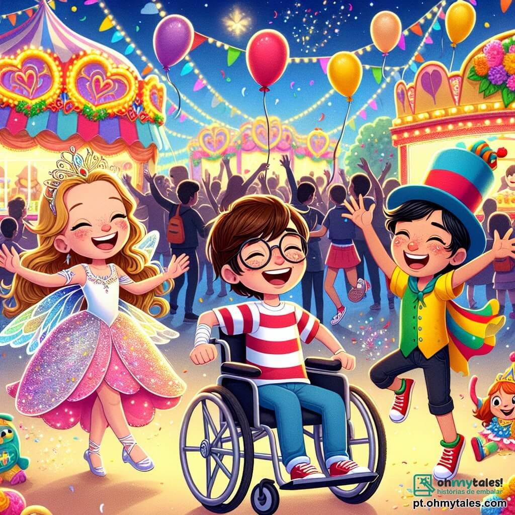 No centro da imagem, quatro amigos estão reunidos em um parque colorido durante o carnaval. Lucas, um menino de 10 anos com cabelos castanhos e óculos, está sentado em sua cadeira de rodas, rindo muito. À sua direita, Ana, uma menina de 10 anos com longos cabelos loiros e um traje de fada brilhante, dança alegremente agitando brilhos. À esquerda, Miguel, um menino de 10 anos com cabelos negros e uma camiseta listrada, faz uma careta engraçada imitando um leão. Por fim, Pedro, um menino de 10 anos com cabelos ruivos e um chapéu de palhaço, segura um grande balão em forma de coração e sorri amplamente. O cenário é um parque festivo, cheio de balões coloridos flutuando no ar, guirlandas luminosas e barracas de comida com doces. Ao fundo, carros alegóricos decorados com flores e luzes passam, enquanto crianças e adultos dançam e riem ao redor. A cena principal mostra os amigos participando de uma caça ao tesouro, procurando uma estrela dourada escondida entre as decorações do carnaval, com expressões de alegria e excitação em seus rostos.