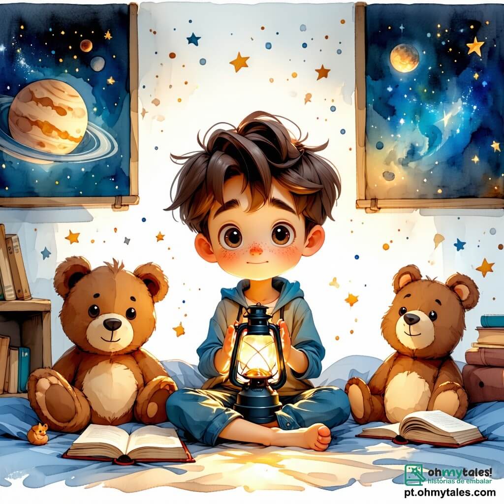 Um garoto de 12 anos, Miguel, está no centro da imagem, com cabelos castanhos bagunçados e olhos brilhantes de curiosidade. Ele tem uma expressão nervosa e determinada, segurando uma pequena lanterna que emite uma suave luz dourada, iluminando seu rosto. Miguel está sentado em sua cama, cercado de pelúcias e livros, em um quarto decorado com pôsteres de astronomia. Ao seu lado, Clara, uma menina de 11 anos com cabelos loiros trançados e um sorriso encorajador, segura uma luz noturna em forma de estrela que brilha suavemente. Ela está sentada no chão, em frente a Miguel, oferecendo seu apoio. Lucas, um garoto de 12 anos com óculos e cabelos castanhos, está de pé perto da janela, olhando as estrelas através do vidro, com um ar de empolgação. A cena acontece no quarto de Miguel, onde as paredes são pintadas de azul noite e decoradas com constelações brilhantes. A luz da lua filtra através das cortinas, criando sombras dançantes no chão. A situação principal mostra Miguel, Clara e Lucas reunidos para uma "Noite das Sombras", onde enfrentam juntos seu medo do escuro, compartilhando histórias e iluminando o espaço com objetos luminosos, transformando o medo em uma aventura mágica.