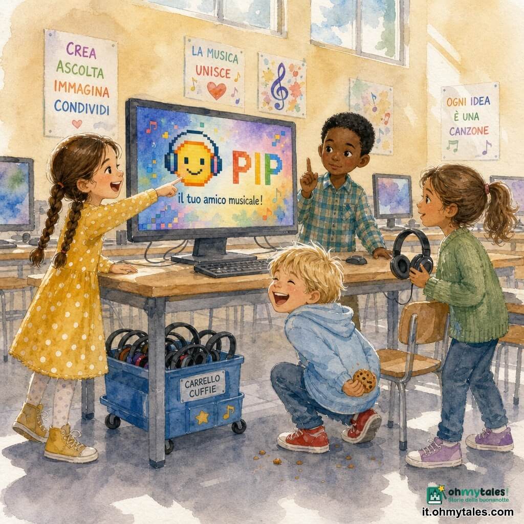 Ci sono quattro bambini: Mina, 7 anni, capelli castani in due lunghe trecce, vestito giallo a pois bianchi, in piedi a sinistra che indica il monitor sorridendo; Luca, 7 anni, capelli biondi spettinati, felpa azzurra e scarpe rosse, accovacciato a centro destra che ride tenendo un biscotto nascosto dietro la schiena; Sara, 7 anni, capelli castano chiaro in coda, gilet verde, a destra davanti a una sedia con cuffie in mano che guarda il monitor; Ettore, 7 anni, capelli neri corti, camicia a quadri, al centro leggermente avanti con un dito alzato, espressione seria ma dolce. Luogo: aula informatica scolastica dipinta ad acquerello, pareti crema con poster colorati, banchi in legno chiaro, carrello per cuffie blu, finestre alte con luce soffusa e pavimento in linoleum grigio chiaro. Situazione: i bambini circondano un grande monitor luminoso al centro del tavolo; sullo schermo un'icona pixel sorridente con la scritta PIP; atmosfera gioiosa e complice, gesti dinamici (risate, indicare, inserire la presa delle cuffie), dettagli acquerellati, riflessi colorati sullo schermo e texture morbide.