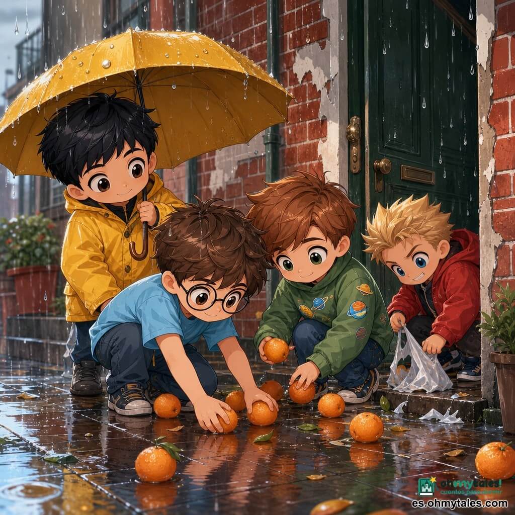 Cuatro niños de 11 años: Simón, cabello castaño despeinado, camiseta azul claro y gafas redondas, agachado en el centro recogiendo naranjas; Hugo, pelo negro corto y impermeable amarillo, sostiene un gran paraguas detrás a la izquierda; Leo, cabello castaño, sudadera verde con stickers de planetas, a la derecha recogiendo naranjas con ambas manos y sonrisa; Dani, pelo rubio corto, chaqueta roja, agachado frente a la puerta juntando bolsas de plástico rotas con aire travieso. Ambientado en la entrada de un edificio urbano con suelo de losas mojadas y brillantes, paredes de ladrillo rojo con pintura desconchada y puerta de madera verde oscuro, cajas y bolsas por el suelo y reflejos de lluvia. Escena de día lluvioso cálida y dinámica: los niños ayudan a una vecina mayor recogiendo naranjas brillantes que ruedan, paraguas amarillo protegiéndolos, gotas de lluvia como perlas, expresiones de cooperación; colores vivos y contrastados, luz suave filtrada, estilo chibi kawaii con proporciones redondeadas y rasgos expresivos.
