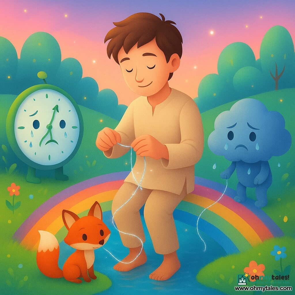 A young man with soft features, tousled brown hair and simple beige linen clothes, face bright and tender, delicately holds a glittering silver thread as if mending it while standing on a rainbow bridge; to his left sits an anthropomorphic, willow-sized clock with a water dial and ivy hands that weeps droplets turning into stars and looks repentant; to his right stands a small storm-boy — a fluffy cloud with lightning hair and rainy eyes — hands trembling as he helps untangle the thread, shy and remorseful; a sleek red fox with mischievous eyes brings a ribbon of moonlight and stands at the man's feet with its tail curled around a stone; the setting is a rainbow bridge over a shimmering river with emerald mossy banks, colorful flowers, mirror-leaved trees, a sky both morning-pink and evening-blue, and floating fireflies; scene: repairing the "Thread of Seasons" — a gentle, magical moment of tender gestures and silver sparks that light with each knot undone in a warm, soothing fairytale atmosphere.
