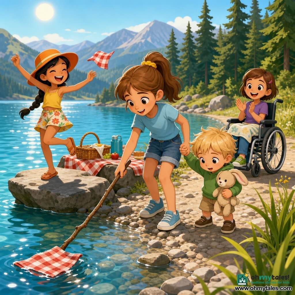 There are four characters: Maya, about 10, chestnut hair tied with a yellow band, light blue T‑shirt and jean shorts, holding Leo’s hand and using a long stick to retrieve a doily near the water; Leo, 3, tousled blond hair, small green sweatshirt, holding a beige rabbit comforter, curious at the lake edge; Nina, about 9, tanned skin, black braided hair, orange sun hat and floral shorts, dancing and laughing on a flat sun‑warmed rock to Maya’s left; Sofia, about 9, short brown hair, bright green shoes, seated in a modern light‑gray wheelchair with a small blanket, applauding from a path set back to the right. Setting: a clear blue‑green mountain lake with smooth pebble shore and tall grasses, dark pines and gentle mountains under a pale blue sky with a ribbon of sunlight on the water. Main scene: a lively summer picnic—red and white doilies and napkins blowing about, one doily drifting toward the water as Maya uses a long stick to retrieve it while holding Leo, Nina dancing on a warm rock and Sofia clapping from her wheelchair—bright, joyful atmosphere with sparkling reflections, soft shadows, and reassured, supportive expressions.