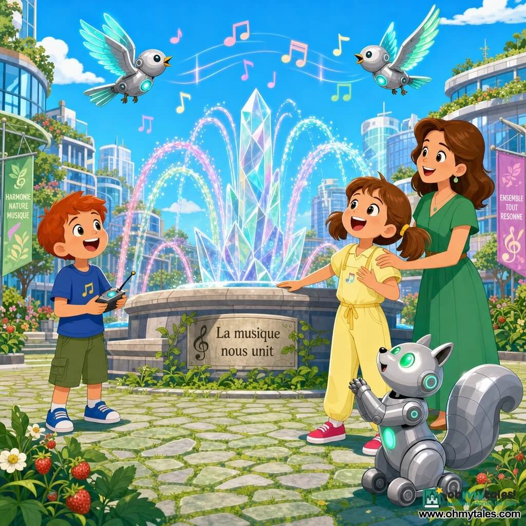 A joyful, focused 6-year-old girl, Mila, sings with a big smile, brown hair in pigtails, wearing a pale yellow jumpsuit and bright shoes, standing at the edge of a crystal fountain with one hand on the stone; a cheerful 6-year-old boy, Leo, with short red hair, stands slightly behind her to the left holding a small remote and singing along; Mila’s mother, a gentle woman of about 30 in a green dress, stands in the background to the right with her hand on Mila’s shoulder; a small silver squirrel-robot with blinking green eyes rolls in the foreground looking toward the fountain; two silver bird-robots with blue-green shining wings circle above the fountain, appearing to sing; the bright urban square features a large central crystal fountain with pastel-tinged arcing jets, green cobblestones edged with small plants and strawberry patches, and glass buildings with rooftop gardens in the background; the scene captures a joyful moment as the children sing to restore the fountain’s music, water dancing in colored arcs and small visual musical notes floating in the air.