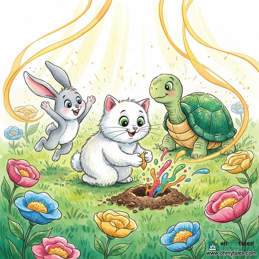A fluffy white cat named Whiskers with round green eyes, smiling and amazed, delicately holds a small golden seed between its front paws; beside him, Benny the light-gray rabbit with big pink ears leaps joyfully, paws raised, excitedly watching; behind them sits Tilly, an elderly turtle with a shimmering emerald shell, calmly observing in an enchanted meadow of textured grass and large colorful flowers as Whiskers plants the golden seed into a small hole in dark rich soil while warm ribbons of light fall and bright colors begin to burst around them.