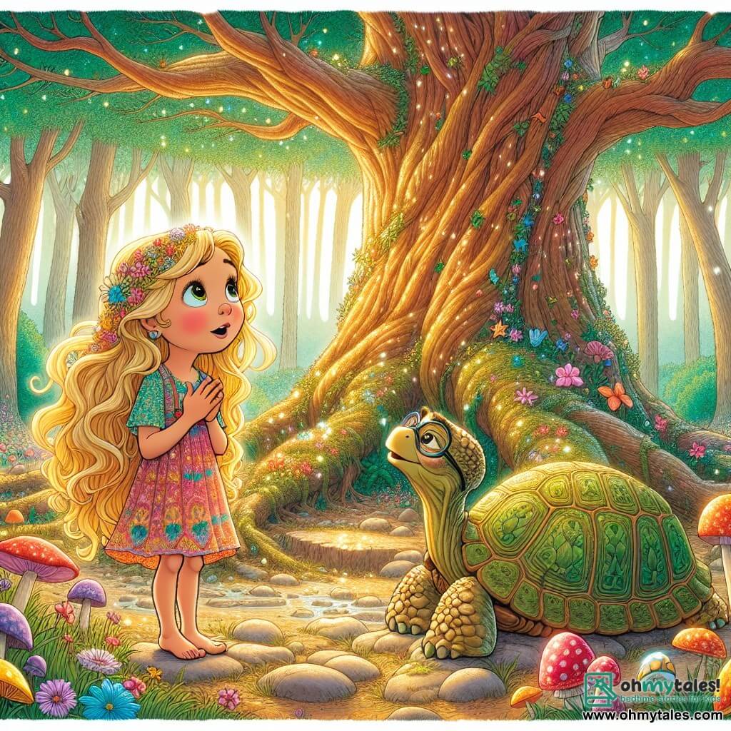 A 9-year-old girl named Lily stands at the foot of a huge enchanted oak, her eyes shining with curiosity and wonder. She has golden hair gently blowing in the breeze and wears a colorful dress adorned with flowers. She looks up, listening attentively to the leaves whispering secrets. Next to her, an old turtle named Tobias, with a moss-covered shell and small flowers, observes Lily with a wise gaze. He sits on a rock a few steps away, seeming ready to share his wisdom. The setting is a magical clearing in the heart of a dense forest, where sunlight filters through the branches, creating shimmering patterns on the ground. Colorful flowers and strange mushrooms surround the oak, adding a touch of whimsy to the environment. The main scene shows Lily listening carefully to Tobias's advice as they discuss themes of freedom, justice, and truth, symbolizing the little girl's quest for understanding in this enchanting place.