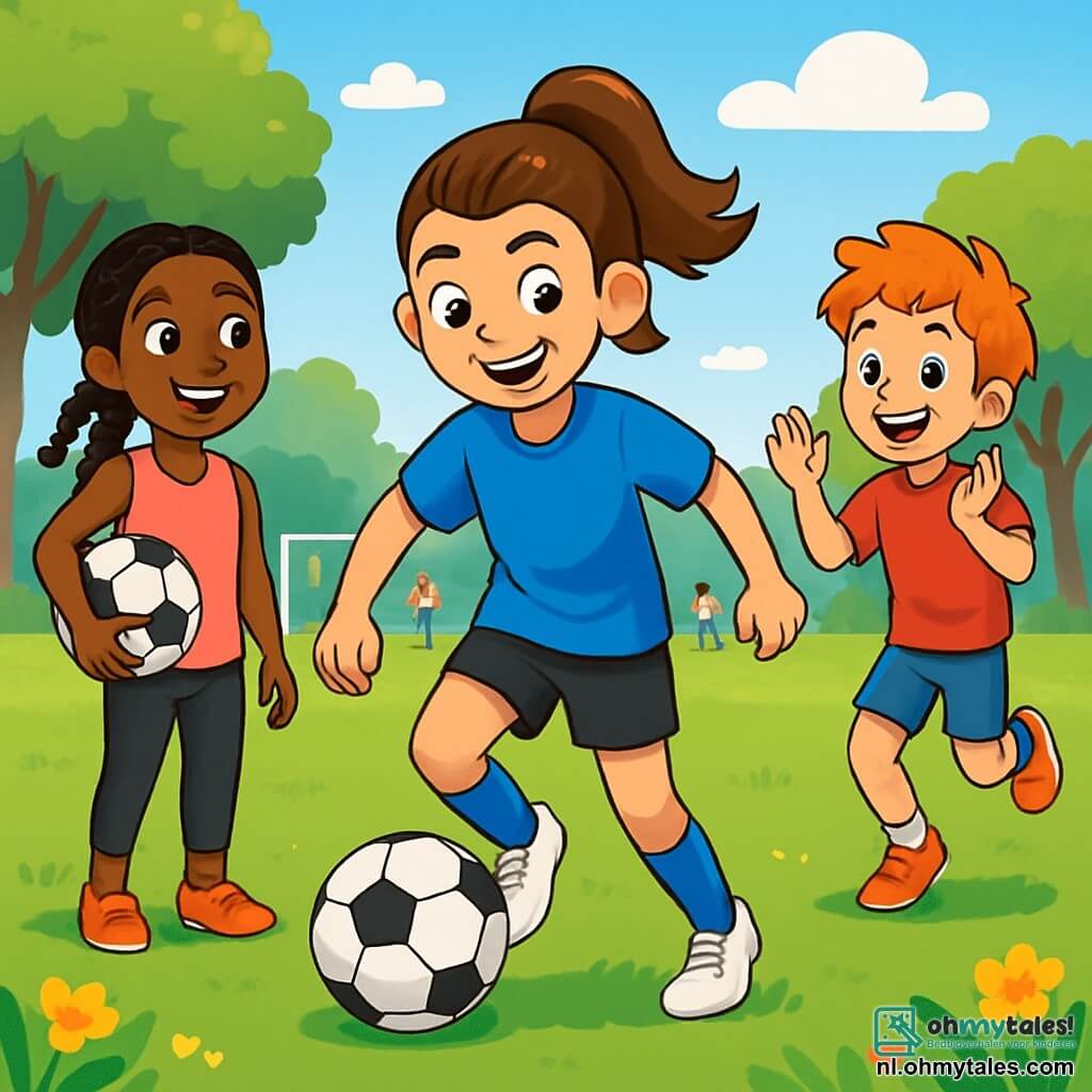 Yara, een 12-jarig meisje, staat in het midden van de afbeelding, glimlachend en vol vastberadenheid. Ze draagt een felblauw voetbalshirt, zwarte shorts en witte sportschoenen. Haar bruine haar is in een hoge paardenstaart, en haar ogen stralen van opwinding terwijl ze behendig met de bal dribbelt. Rechts van haar staat Daan, een 10-jarige jongen met rood haar, die enthousiast applaudisseert, zijn ogen fonkelen van vreugde. Hij draagt een rode t-shirt en blauwe shorts, en hij springt op de plaats, klaar om mee te doen. Links kijkt Samira, een 11-jarig meisje met zwarte vlechten, naar Yara met bewondering, een brede glimlach op haar gezicht. Ze houdt een bal onder haar arm en draagt een roze tanktop en zwarte leggings. De locatie is een groen voetbalveld, omringd door loofbomen en kleurrijke bloemen. De lucht is blauw met enkele witte wolken, en kinderen spelen op de achtergrond, wat een vrolijke en dynamische sfeer creëert. Yara laat een nieuwe dribbeltechniek zien aan de kinderen die aandachtig toekijken, vol verlangen om te leren. De energie is voelbaar, gevuld met lachen en aanmoedigingen, wat de teamgeest en het plezier van het spel illustreert.