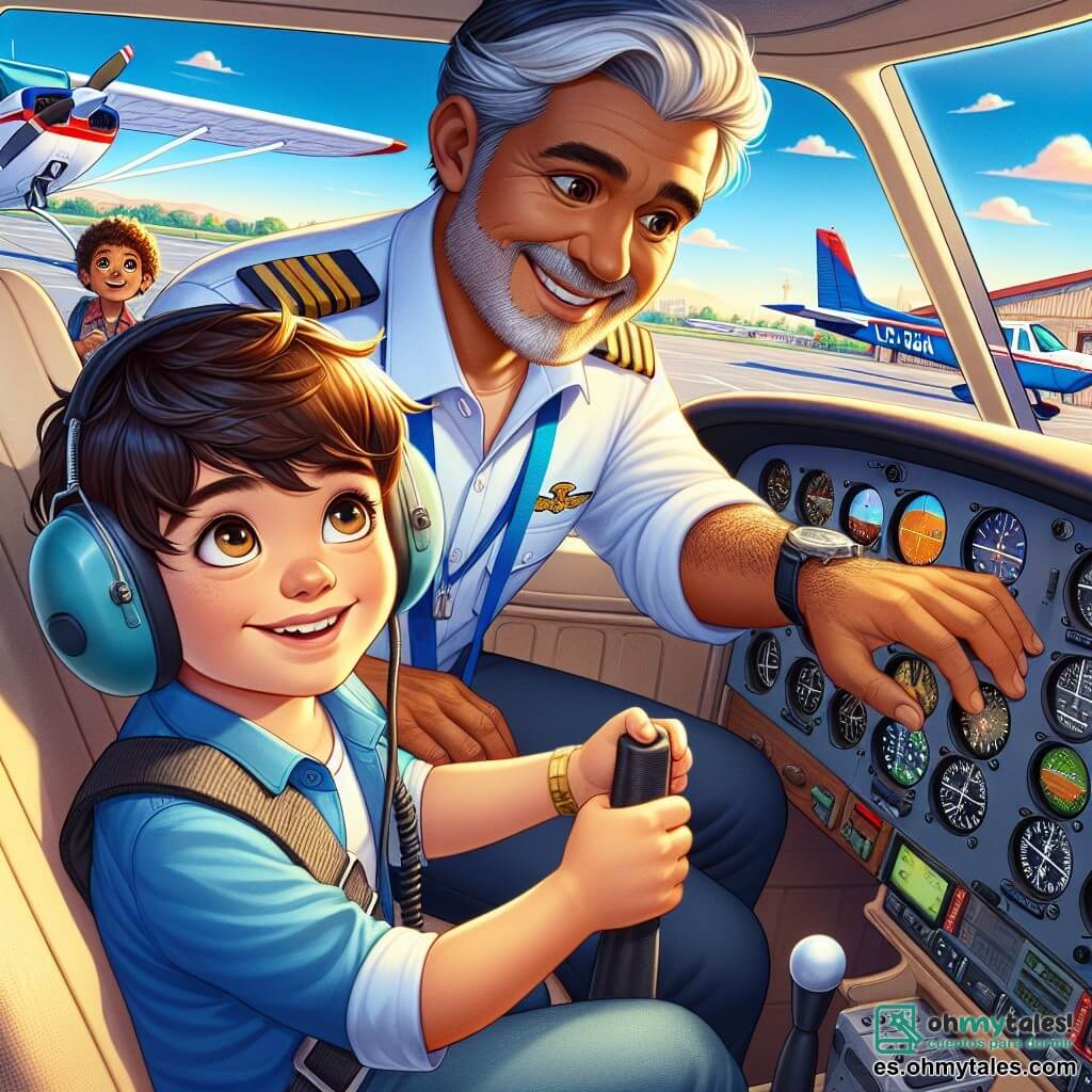 Diego, un niño de 12 años, tiene el cabello castaño y ojos llenos de alegría. Lleva un uniforme de piloto azul con una gorra, y su rostro irradia emoción mientras está sentado en la cabina de un pequeño avión Cessna, con las manos en el volante, listo para despegar. A su lado, el Capitán Fernando, un hombre de mediana edad con cabello canoso y un gran bigote, sonríe amablemente mientras le muestra los instrumentos de vuelo. En el fondo, Luis, un niño de 8 años con cabello rubio y ojos muy abiertos, mira maravillado por la ventana, con las manos presionadas contra el cristal, fascinado por la vista. La escena se desarrolla en un aeropuerto animado, con aviones coloridos estacionados en la pista, hangares de metal brillante y un cielo azul despejado con algunas nubes blancas. La situación principal muestra a Diego y Luis listos para despegar en el pequeño avión, con un ambiente de alegría y aventura, mientras el motor ronronea suavemente, preparado para llevarlos al aire.