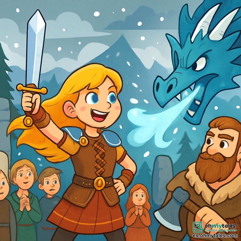 Una joven vikinga, Astrid, se encuentra orgullosamente en el centro de la imagen, con su cabello dorado ondeando al viento y ojos azules llenos de determinación. Lleva una armadura de cuero adornada con motivos nórdicos y empuña una espada brillante, su rostro expresa un valor deslumbrante. A su derecha, un guerrero extranjero, robusto y barbudo, de unos 30 años, la observa con respeto. Está vestido con una túnica de piel y sostiene un hacha, admirando a Astrid. Al fondo, aldeanos de todas las edades observan la escena con expresiones de temor y asombro. El escenario se sitúa en un círculo de piedras antiguas, rodeado de bosques nevados y majestuosas montañas bajo un cielo gris nublado. Copos de nieve caen suavemente, añadiendo un toque mágico a la atmósfera. La situación principal muestra a Astrid en acción, esquivando un aliento helado de un dragón legendario que surge de la niebla, mientras se prepara para combatirlo con valentía y agilidad.