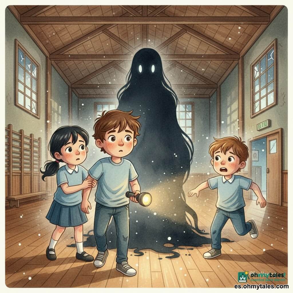 Un niño de 10 años de rostro redondo y cabello castaño despeinado sostiene una pequeña linterna que ilumina su cara mientras da un paso vacilante hacia una gran silueta oscura; a su izquierda, Sofía, también de unos 10 años, con coleta negra y manos aferradas al brazo del niño, mira preocupada pero firme; a la derecha, Miguel, de similar edad y cabello castaño claro, corre hacia la salida con expresión de pánico; delante de ellos, La Sombra, forma alta, oscura y difusa con un brillo pálido en lugar de ojos, ocupa el centro de un viejo gimnasio escolar de techo alto y vigas de madera, ventanas agrietadas por las que entra un rayo de luna, suelo barnizado que refleja la luz y polvo en el aire; ambiente nocturno, misterioso y tenso con contraste entre la luz cálida de la linterna y la masa fría de La Sombra, estética granulada y tonos de acuarela.