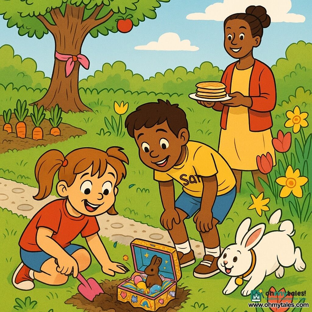 An 8-year-old girl with light brown hair in pigtails, chocolate on her lips and bright wide eyes, is crouched digging gently with a small pink shovel and has just unearthed a small glittery box wrapped in rainbow straw and stickers that opens to show a chocolate bunny and sparkling eggs; beside her, an about-8-year-old boy named Sam with short brown hair and dirty knees leans forward smiling to look into the hole; a woman in her early 30s with her hair in a bun stands a few steps away holding a plate of pancakes and watching warmly; a fluffy white rabbit named Marshmallow with a small bell collar hops among flowers to the children’s right; the spring garden has carrot beds with green shoots, yellow tulips and daffodils, an old apple tree with a pink ribbon, trimmed green grass and a pebble path; bright palette of spring greens, warm yellows, candy pinks, sky blue and golden highlights, clear lines, rounded shapes and exaggerated warm expressions for a joyful, child-friendly scene.