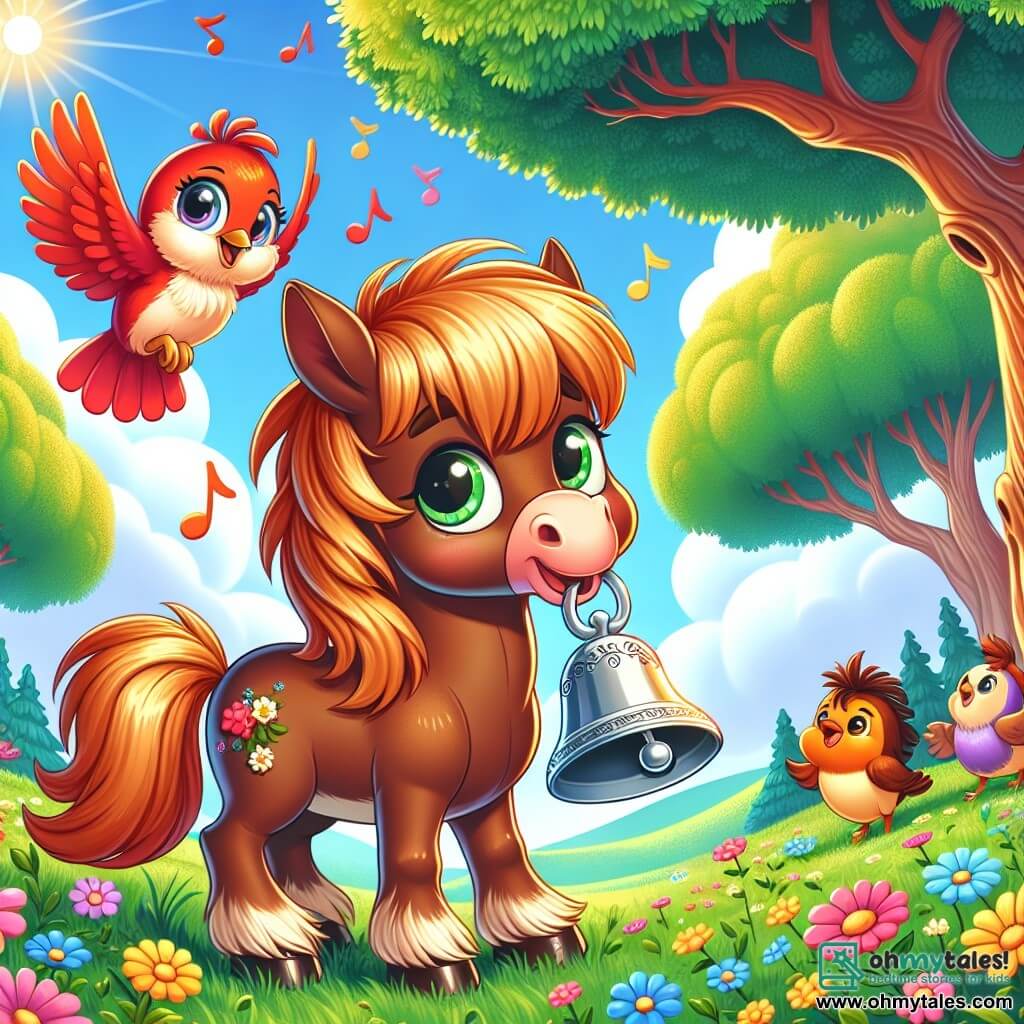 A small brown horse named Hazel, with a sweet caramel-colored mane and sparkling kind eyes, stands proudly in the center of the scene. Next to her, Pip, a small red bird with a shiny chest, joyfully flies around her, singing enthusiastically. In the background, a large oak tree with green and golden leaves rises majestically, while a gentle sun shines in a clear blue sky. The scene takes place in a lush meadow, dotted with colorful flowers and fluttering butterflies. Hazel, determined, holds a sparkling silver bell in her mouth that she has just found, surrounded by her animal friends who applaud and congratulate her for her bravery.