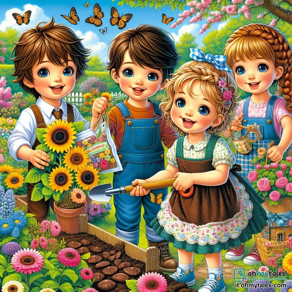 In un giardino in piena fioritura, quattro bambini sono riuniti per piantare fiori. Marco, un ragazzo di 10 anni con capelli castani e occhi vivaci, è al centro con un sacchetto di semi di girasole. A destra c'è Sofia, una ragazza di 9 anni con capelli biondi intrecciati e un sorriso radioso, che mostra con orgoglio i suoi semi colorati. A sinistra, Luca, un ragazzo di 10 anni con capelli castani e un cappellino, tiene in mano una piccola pala di plastica, pronto a scavare. Infine, Chiara, una ragazza di 9 anni con capelli ricci e un grembiule, è seduta sull'erba circondata da deliziosi biscotti al cioccolato. Il giardino è un vero quadro primaverile, con fiori multicolori che danzano al vento, alberi in fiore e un cielo blu splendente. Farfalle svolazzano intorno ai bambini, aggiungendo un tocco di magia alla scena. I bambini ridono e si aiutano a vicenda per piantare i fiori, pieni di entusiasmo e gioia, simboleggiando l'amicizia e la bellezza della natura in primavera.