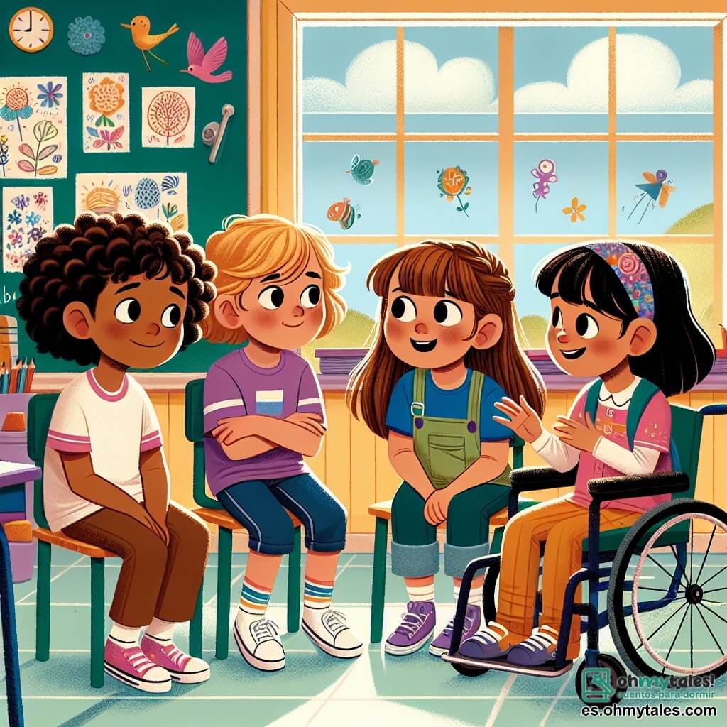 En un aula luminosa, cuatro niñas de 10 años están juntas. Lucía, con cabello castaño y rizado, lleva una camiseta rosa y jeans, y mira a sus amigas con una sonrisa tímida. A su derecha, Marta, con cabello rubio y liso, viste un short deportivo y una camiseta azul, gesticulando con entusiasmo al hablar. A la izquierda, Ana, con cabello castaño y flequillo, está en su silla de ruedas, vestida con un vestido colorido, sonriendo con benevolencia. Finalmente, Carla, con cabello negro y liso, lleva un suéter morado y jeans, escuchando atentamente con los brazos cruzados y una expresión seria. La clase está decorada con dibujos coloridos en las paredes y un pizarrón, con ventanas que dejan entrar la luz del sol, creando un ambiente cálido y acogedor. Las niñas discuten seriamente sobre un problema de acoso en línea que Lucía ha enfrentado, compartiendo ideas para ayudar y apoyar a sus compañeras, mostrando así la importancia de la amistad y el respeto.