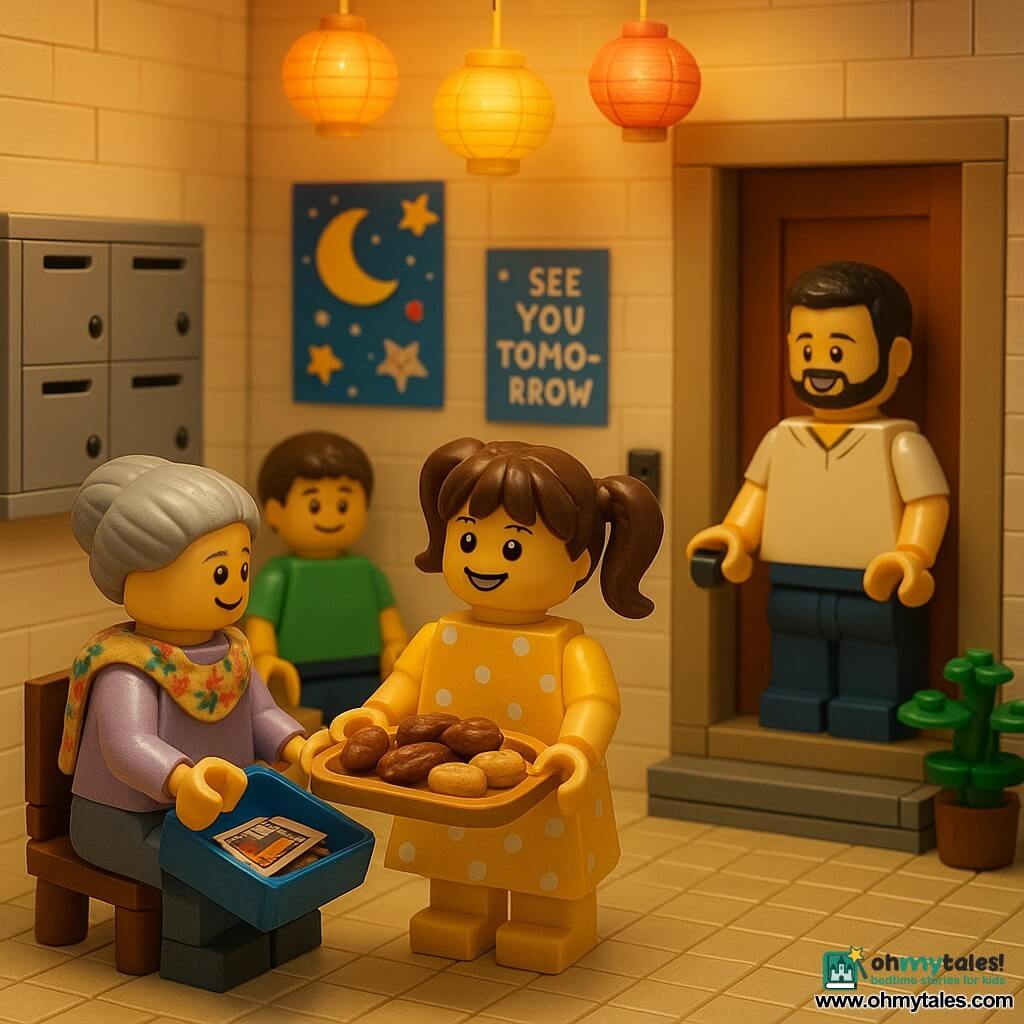 A joyful, slightly proud 6-year-old girl with brown hair in pigtails and big curious eyes, wearing a yellow polka-dot dress, stands in the warm cream-walled apartment hallway holding a wooden tray of dates and small cakes and offering them to neighbors; an elderly grandmother with gray hair in a bun and a floral scarf sits at a round table in the entryway opening a blue tin of photos and postcards, Mr. Hasan, a friendly neighbor in his 40s with a short beard and light T-shirt, stands by a nearby door giving a small box of dates, and an 8-year-old boy in a green T-shirt in the elevator holds a grocery bag and watches admiringly; the scene is centered on sharing and community, lit by golden evening light with warm colors, light tiles, metal mailboxes, a colorful "SEE YOU TOMORROW" poster with a moon and stickers, and paper lanterns casting starry projections, with clear expressions and positive emotions.