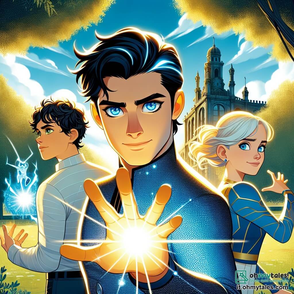 Al centro dell'immagine, Lumino, un uomo dagli occhi azzurri brillanti e dai capelli neri come la notte, si erge fiero, emettendo una luce intensa dalle mani. La sua espressione è determinata e coraggiosa, pronto a difendere la sua città. Indossa una tuta scintillante blu e oro, che riflette la luce attorno a lui. Alla sua destra, Aura, una ragazza di circa 12 anni, con capelli biondi luminosi e un sorriso caloroso, alza le mani per creare un campo di energia protettivo. È concentrata e piena di energia, rimanendo saldamente al fianco di Lumino. A sinistra, Striker, un ragazzo muscoloso di circa 14 anni, con capelli castani disordinati e un atteggiamento temerario, si prepara a saltare in avanti, pronto ad affrontare i malfattori. Il suo sguardo è determinato e si tiene pronto ad agire. Il contesto si svolge in un parco urbano, con alberi maestosi e un cielo blu punteggiato di nuvole bianche. Sullo sfondo, un vecchio edificio abbandonato si erge, dove si intravedono sagome scure di malfattori, aggiungendo tensione alla scena. La situazione principale mostra Lumino e i suoi amici in azione, pronti a combattere le forze del male che minacciano la loro città, con lampi di luce ed energia che illuminano l'atmosfera, simboleggiando speranza e coraggio.
