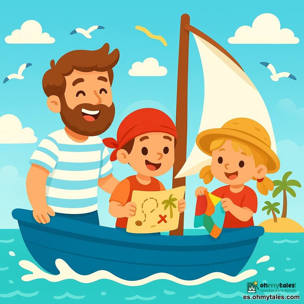 Un hombre llamado Mateo, con barba marrón y ojos que brillan de alegría, está en el puente de su barco azul. Sonríe, el viento agita su cabello y su camisa a rayas. A su lado, un niño pirata de 8 años, con un pañuelo rojo y una sonrisa traviesa, sostiene un mapa del tesoro. Una niña pirata de 6 años, con dos coletas y un sombrero de paja, trabaja en reparar una vela con un trozo de tela colorida. El barco navega por un mar turquesa, bajo un cielo soleado salpicado de nubes blancas y esponjosas. Las olas brillantes bailan alrededor del barco, y gaviotas vuelan por encima. La escena principal muestra a Mateo y su equipo de jóvenes piratas riendo y cantando, mientras buscan una isla del tesoro, llena de arena dorada y palmeras verdes en el horizonte.