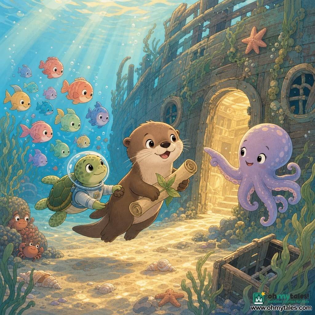 Ollie, a small round smiling curious otter with smooth brown fur and bright eyes holds a rolled leaf-map and swims gently before a wreck; Mina, a tiny green-spotted-shelled turtle, serene and loyal in a small diving suit, follows closely touching his paw with a flipper; a polite lavender octopus with pale spots floats to the right pointing an arm toward a wide hatch in the wreck; colorful round fish parade behind them and shy crabs hide in the sand to the left; setting: an old wreck on golden sand with swaying green seagrass, blue and golden light rays filtering through the water, shells, a broken crate and a starfish on the hull; main situation: a gentle, reassuring exploration of the wreck as the characters move together toward a lit wide door, map in hand, in calm pastel colors and soft textures.