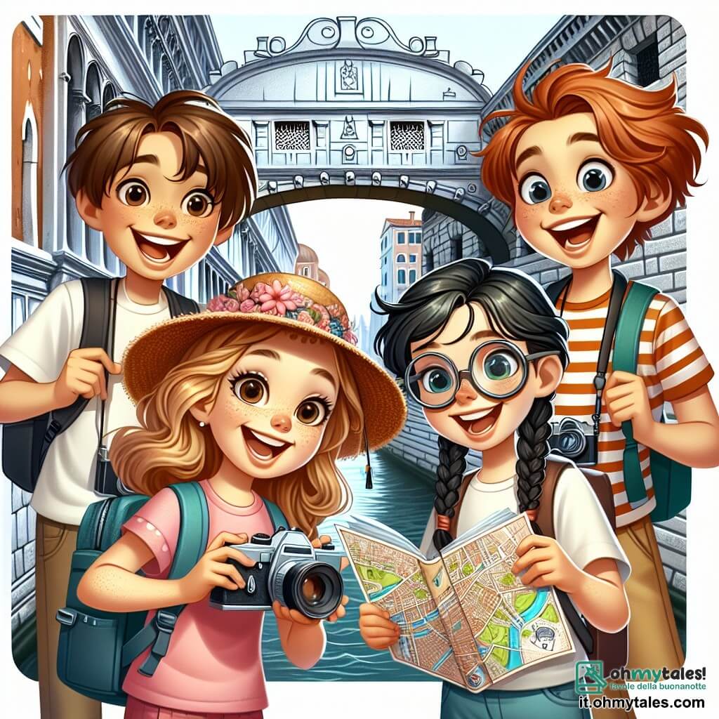 Quattro bambini, due ragazzi e due ragazze di nove anni, si trovano insieme sul famoso Ponte dei Sospiri a Venezia. Marco, un ragazzo dai capelli castani e dagli occhi vivaci, tiene una macchina fotografica, pronto a catturare il momento. Sofia, una ragazza dai capelli biondi e ricci, sorride felicemente indossando un bel cappello di paglia. Luca, un ragazzo con occhiali tondi e capelli castani, guarda attentamente una mappa della città, mentre Chiara, una ragazza con capelli neri e trecce, tiene un taccuino pieno di appunti e schizzi. Il ponte è circondato da canali scintillanti, con gondole che scivolano dolcemente sull'acqua. Gli edifici veneziani, adornati con balconi in ferro battuto e fiori colorati, si ergono maestosi sullo sfondo, mentre il cielo è di un blu luminoso, punteggiato di nuvole bianche e soffici. I bambini sono in esplorazione, discutendo con entusiasmo dei tesori nascosti della città, pronti a scoprire le storie affascinanti che ogni angolo di Venezia ha da offrire.