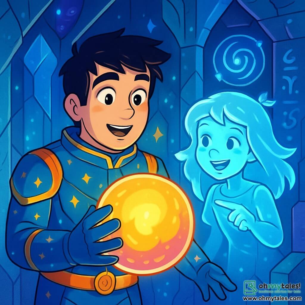 A man, Captain Orion Starflame, stands at the center of the scene, with a look of wonder and determination. He wears a shiny spacesuit adorned with star patterns, and his face is framed by tousled black hair. He is touching a large glowing sphere, the Heart of Nebulon, which pulses with vibrant colors, illuminating his face with a golden glow. Beside him, a female hologram, Luma, appears. She looks like a 12-year-old girl with silver hair floating like strands of light. She smiles joyfully, pointing at the sphere to encourage Orion. The setting is an ancient space station with sparkling crystal walls and mysterious inscriptions glowing in blue and purple hues. Holograms of galaxies and stars float around them, creating a magical and futuristic atmosphere. The main scene shows Orion discovering the Heart of Nebulon, a source of cosmic power, while Luma encourages him. The atmosphere is filled with energy and mystery, with bursts of light and vibrant colors evoking wonder and adventure.