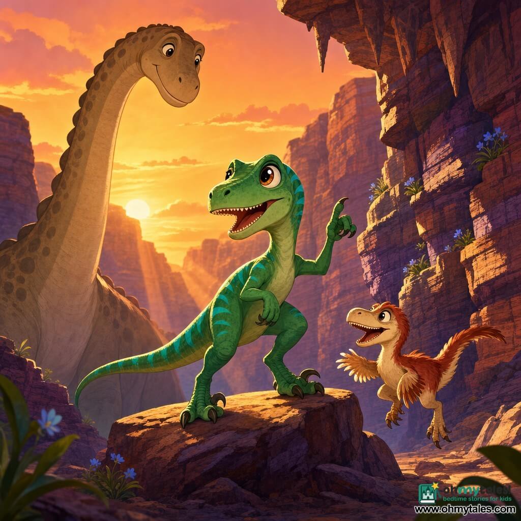 Vela, a joyful, curious velociraptor with large bright eyes and smooth emerald-green skin striped turquoise, stands on a rock raising a claw as she tells a story to friends at dusk in the Echo Canyon; behind her, Echo, a calm, kind beige diplodocus with brown spots and a gentle smile, leans in to listen while towering in the left background, and in the front right Pip, a mischievous small compsognathus with soft cream-and-russet plumage, hops near Vela's feet with a sly look; the canyon shows ochre and violet rock layers, tiny stalactites and small blue flowers in cracks, warm orange sunset rays, a centered triangular composition, warm magical atmosphere, vivid colors and childlike expressive detail.