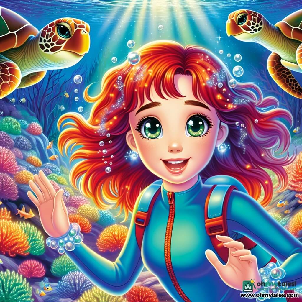 A 12-year-old girl with vibrant red hair floating around her is wearing a blue wetsuit. She has sparkling eyes of curiosity and a delighted smile, enthusiastically swimming in crystal-clear water. Nearby, two majestic sea turtles with intricately patterned shells observe her with wise, kind eyes. The setting is an enchanting underwater world, where colorful corals spread like a vibrant garden, illuminated by rays of light filtering through the water's surface. Schools of shiny-scaled fish swim around her, creating a colorful dance. The main scene shows the girl discovering a beautiful glowing pearl at the center of an underwater cave, surrounded by bioluminescent corals emitting a soft glow, while a melodious song resonates in the water, offering her a moment of magic and connection with the ocean.