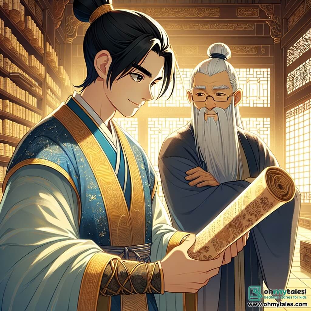 A man named Li Wei, in his thirties, stands at the center of the scene, his eyes shining with determination. He wears a simple yet elegant robe in shades of blue and gold that glimmers slightly in the sunlight. His black hair is tied in a neat bun, and he holds an ancient scroll in his hands, ready to uncover its secrets. Beside him, an old man, Master Shen, around 70 years old, watches with a benevolent smile. He has a long white beard that reaches his chest and wears a monk's robe adorned with subtle patterns. He stands slightly back, arms crossed, admiring Li Wei's fervor. The setting is the Great Library of Chang'an, a majestic place with carved wooden walls filled with thousands of scrolls and books. Shelves stretch to the ceiling, and paper lanterns cast a soft, warm light. Rice paper windows let in beams of sunlight, illuminating the dust in the air. The main scene shows Li Wei about to decipher the mysterious scroll of Xuán Lóng, as magical light emanates from the parchment, creating an atmosphere of wonder and mystery.