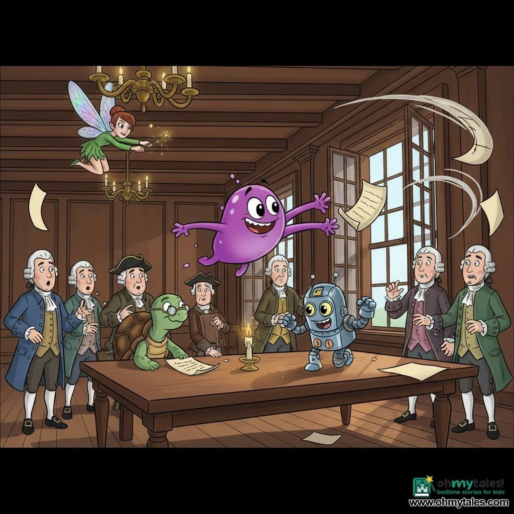 Zog, a small shiny purple blob with bulging eyes and a big nervous-but-brave smile, stretches elastically in the air to catch a flying parchment; Faye, a mischievous iridescent-winged fairy, floats in a corner waving a wand that sends golden sparks; Tilly, a wise turtle with round glasses, stands behind a wooden table nudging the scroll toward the signing area; Rolo, a cuddly polished-metal robot with glowing eyes and visible gears, buzzes beside Zog ready to help; several surprised 18th-century men in suits cluster around a large wooden table; the scene is inside Independence Hall—dark beams, multipane windows, brass chandeliers and a visible draft blowing papers—showing a dynamic, slightly comic moment as Zog snatches the precious document, a candle tips and friends use small magics and technical maneuvers to avert a historical disaster.