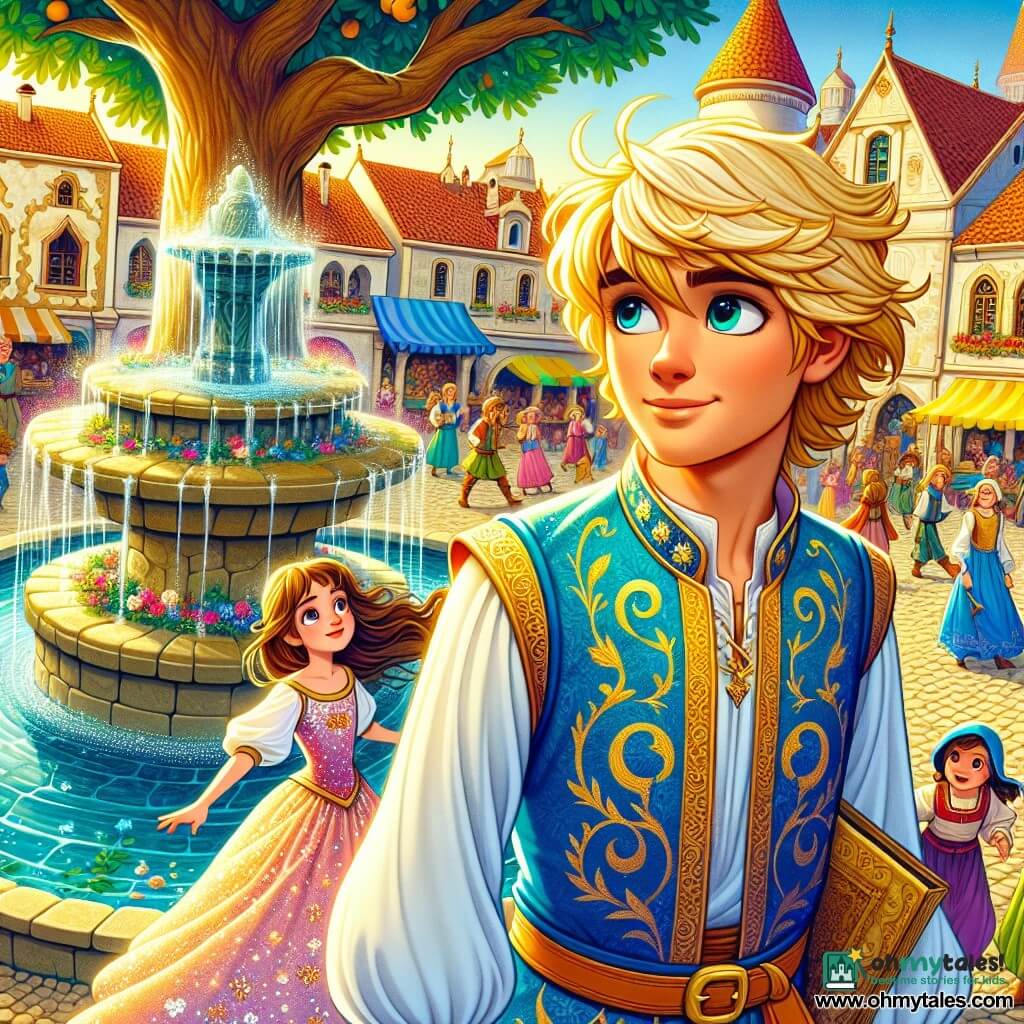 A brave prince, about 12 years old with golden hair like wheat, stands under a large oak tree, his face determined and eyes shining with hope. He wears a blue tunic adorned with golden patterns and lightweight linen trousers. Beside him is Princess Mira, 11 years old, with long brown hair and sparkling eyes, looking at the prince with admiration. She is dressed in a delicate pink dress sprinkled with white flowers and holds a small book in her hands. The setting is a lively square surrounded by colorful houses with tiled roofs, with market stalls overflowing with fruits and flowers. In the center, a sparkling fountain jets from a stone basin, and children play around it, laughing and running. The scene shows the prince and princess discussing with villagers, trying to resolve a misunderstanding. The atmosphere is vibrant and full of energy, with bright colors and warm smiles, symbolizing unity and understanding.