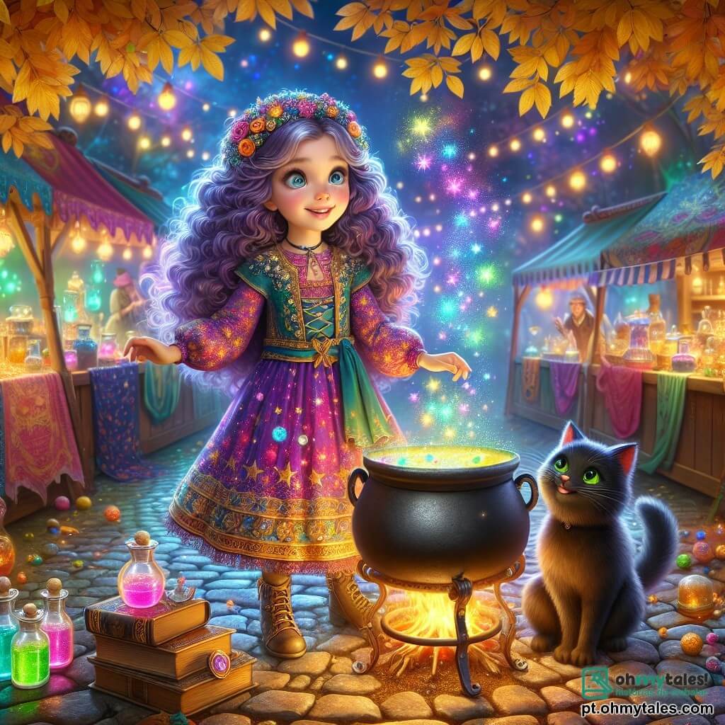 Em uma vila mágica, uma jovem bruxa chamada Floribella, com cerca de 10 anos, está no centro da cena. Ela tem longos cabelos cacheados de um roxo vibrante e usa um vestido colorido adornado com estrelas cintilantes. Seu rosto expressa curiosidade e empolgação enquanto mistura uma poção efervescente em um grande caldeirão de ferro, cercada por bolhas multicoloridas que flutuam no ar. Ao seu lado, seu fiel gato, Rufus, um gato preto com olhos verdes brilhantes, está em suas patas traseiras, olhando para a poção com uma mistura de admiração e impaciência. O cenário é um mercado encantado, com barracas coloridas transbordando de poções, livros de magia e criaturas fantásticas. Árvores com folhas douradas cercam a cena, e luzes cintilantes flutuam no ar, criando uma atmosfera mágica. Floribella está preparando uma poção mágica, enquanto Rufus, curioso, se aproxima do caldeirão, pronto para descobrir as surpresas que a poção pode trazer. Risadas e sussurros de magia enchem o ar, tornando a atmosfera ainda mais encantadora.