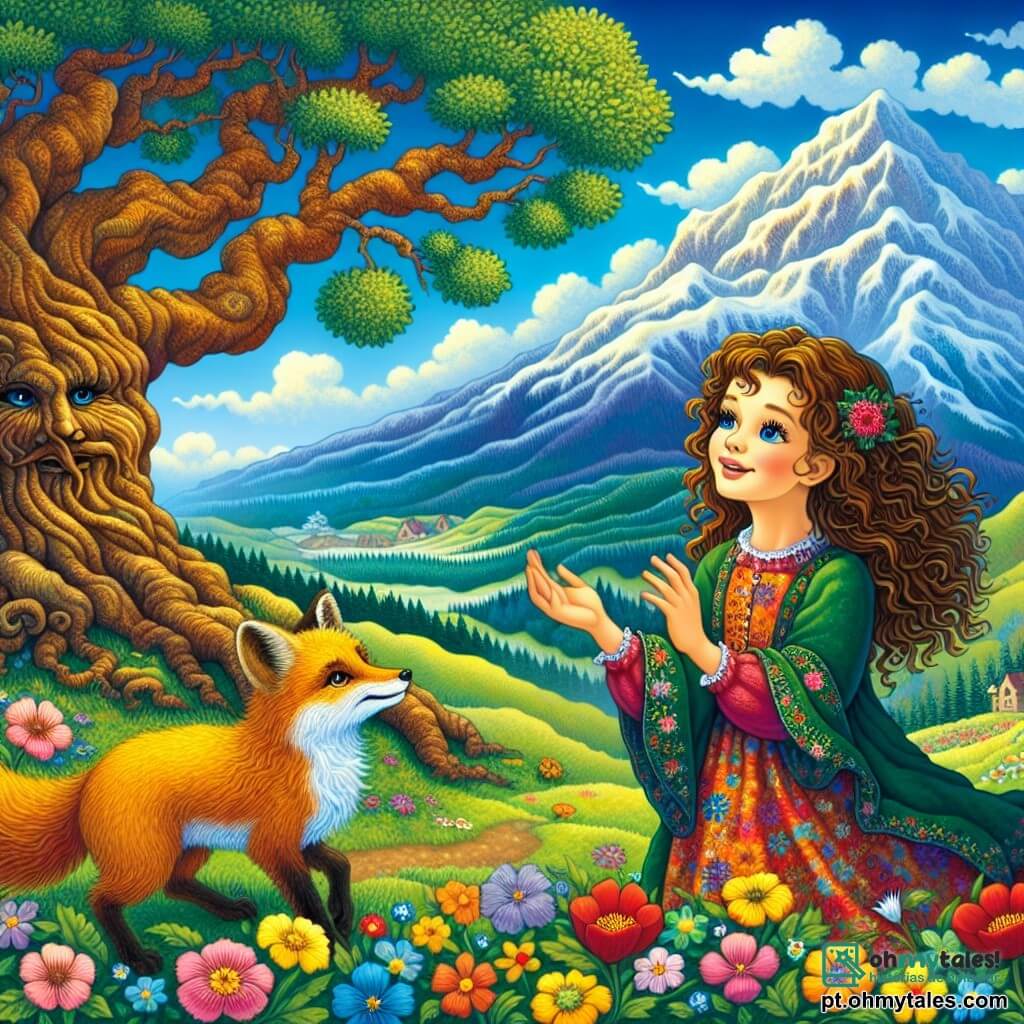 No centro da imagem, uma menina de 10 anos chamada Clara, com cabelos castanhos ondulados, usa um vestido colorido decorado com flores. Seu rosto irradia curiosidade e deslumbramento, enquanto ela está de pé em uma colina verdejante, com os braços ligeiramente abertos, como se estivesse pronta para abraçar o mundo ao seu redor. À sua direita, um majestoso carvalho, com galhos estendidos, parece sussurrar segredos. À sua esquerda, uma raposa de pelos dourados, com olhos travessos, a observa atentamente, como se fosse uma sábia guia no caminho da descoberta. O cenário é uma montanha com picos nevados, sob um céu azul brilhante salpicado de nuvens brancas e fofas. Flores silvestres coloridas cobrem o chão, adicionando um toque de magia ao ambiente. A situação principal mostra Clara fazendo uma pergunta ao carvalho, com os olhos brilhando de esperança, enquanto a raposa, com uma expressão misteriosa, parece pronta para lhe dar uma resposta cheia de sabedoria. A atmosfera é marcada por serenidade e aventura, convidando as crianças a explorar os mistérios da vida.