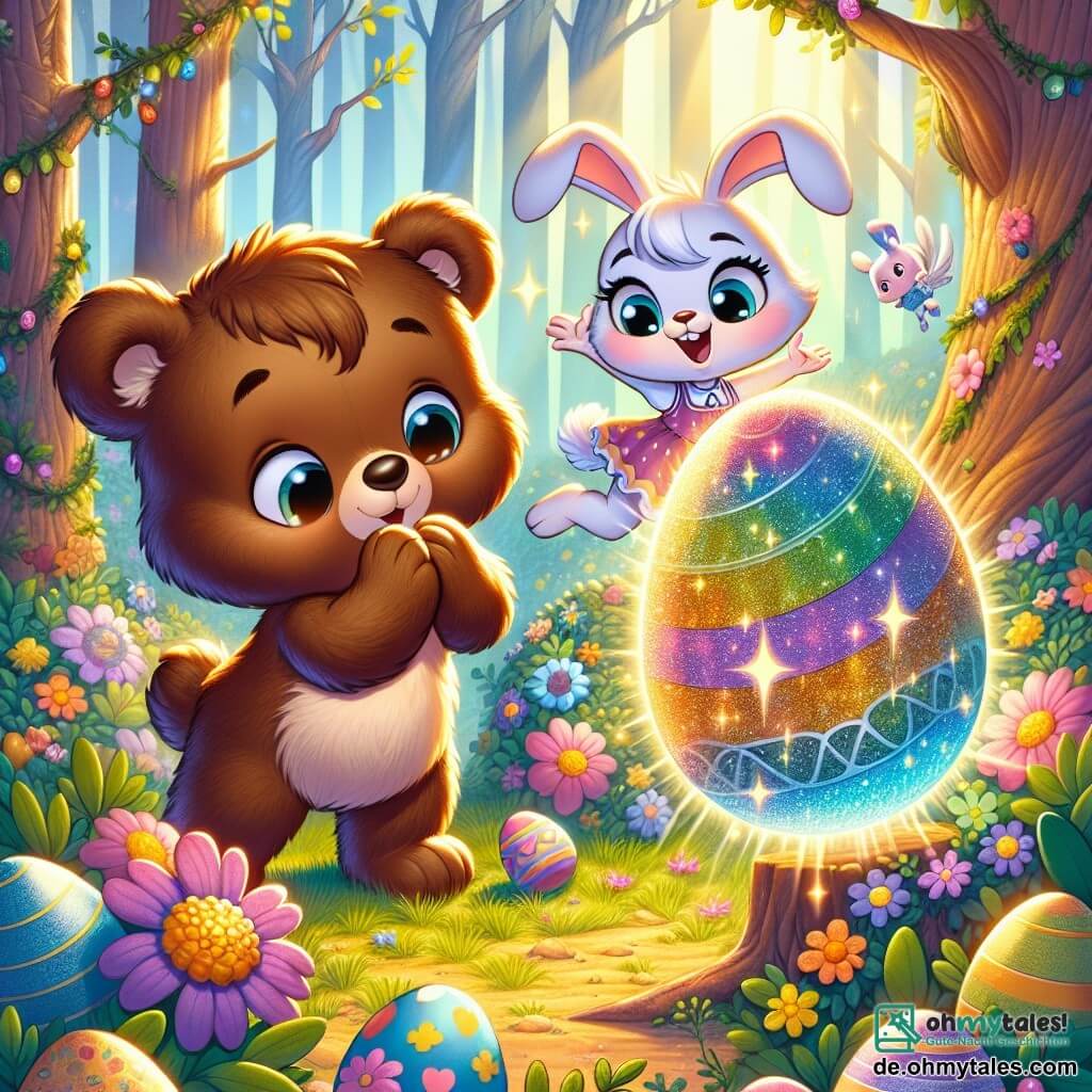 Ein kleiner brauner Bär namens Bruno mit weichem Fell und funkelnden Augen beugt sich neugierig über ein großes, buntes Ei, das im Sonnenlicht tanzt und glänzt. Neben ihm hüpft ein kleines weißes Kaninchen namens Lila mit großen Ohren und fröhlichem Lächeln vor Freude und klatscht mit den Hinterpfoten in die Luft. Die Szene spielt in einem verzauberten Wald, wo die Bäume mit leuchtenden Blumen bedeckt sind und Sonnenstrahlen durch das Laub filtern, wodurch helle Muster auf dem Boden entstehen. Bunte Ostereier sind zwischen den Sträuchern und Blumen versteckt, was der Umgebung eine festliche Note verleiht. Bruno und Lila entdecken gemeinsam das tanzende magische Ei, voller Aufregung und Lachen, während ein kleiner Elf mit funkelnden Flügeln, Pip, sie hinter einem Baum lächelnd beobachtet, bereit, sie mit seinen Scherzen zu überraschen.