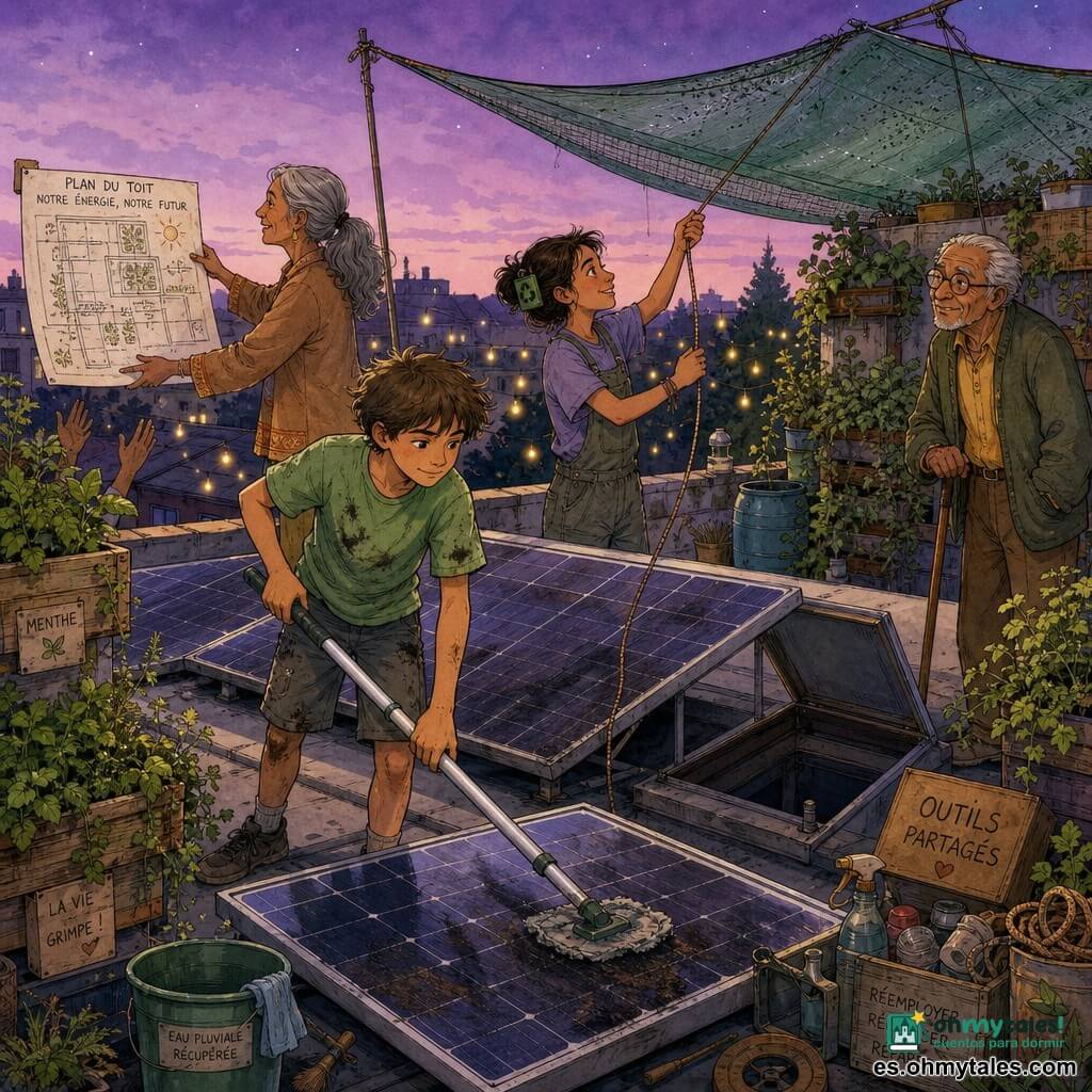 Un chico de 12 años, Leo, decidido y alegre, pelo corto castaño despeinado, camiseta verde con polvo, limpia un panel solar con una manga telescópica; una niña de 12 años, Naya, con moño sujeto con un clip hecho de una caja reciclada, tensa una cuerda para estabilizar una lona detrás de Leo; una mujer mayor, Suri, de unos 60 años, delgada, pelo gris recogido, muestra un plano a los vecinos desde el borde del tejado; un hombre mayor, Tomás, de unos 75 años, con arrugas y gafas redondas, apoyado en su bastón junto a una trampilla, observa agradecido; escenario: tejado plano con paneles solares parcialmente oscurecidos por microfibrillas, jardineras verticales con menta y hiedra, cielo violeta al crepúsculo y luces de calle verdes abajo; situación: vecinos ensamblan una lona filtrante y limpian los paneles con gestos calmados y herramientas y materiales reciclados; estilo: tinta coloreada con trazos nítidos y texturas acuareladas, paleta de verdes menta, violetas suaves y ocres, polvo oscuro en los paneles y reflejos dorados del sol poniente.