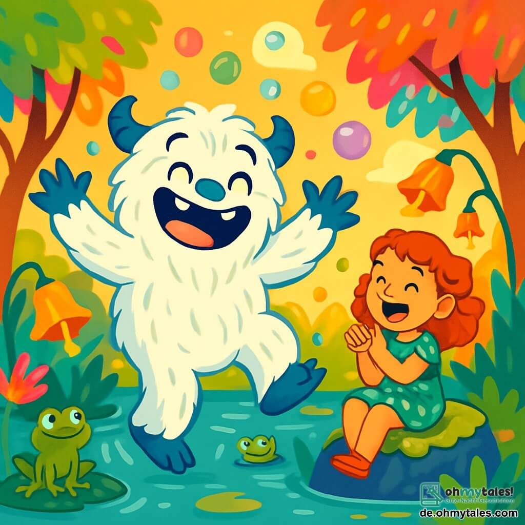 Ein fröhlicher, pelziger Yeti mit weißem Fell und funkelnden Augen tanzt begeistert in einem verzauberten Sumpf. Er lächelt breit und springt fröhlich mit weit geöffneten Armen, während bunte Blasen um ihn herum platzen. In der Nähe sitzt ein 7-jähriges Mädchen namens Pip mit lockigem Haar und einem gepunkteten grünen Kleid, das lachend applaudiert. Sie sitzt auf einem moosbedeckten Stein mit gekreuzten Beinen und ist von dem Tanz des Yetis begeistert. Der Ort ist ein magischer Sumpf mit bunten, im Sonnenlicht schimmernden Blättern, glockigen Blumen, die vibrieren und fröhliche Geräusche machen, und Fröschen, die um sie herum springen. Die Hauptsituation zeigt den tanzenden Yeti, umgeben von seinen Freunden, und schafft eine festliche, fröhliche Atmosphäre, während Lichtblitze und lebendige Farben die Landschaft erhellen.