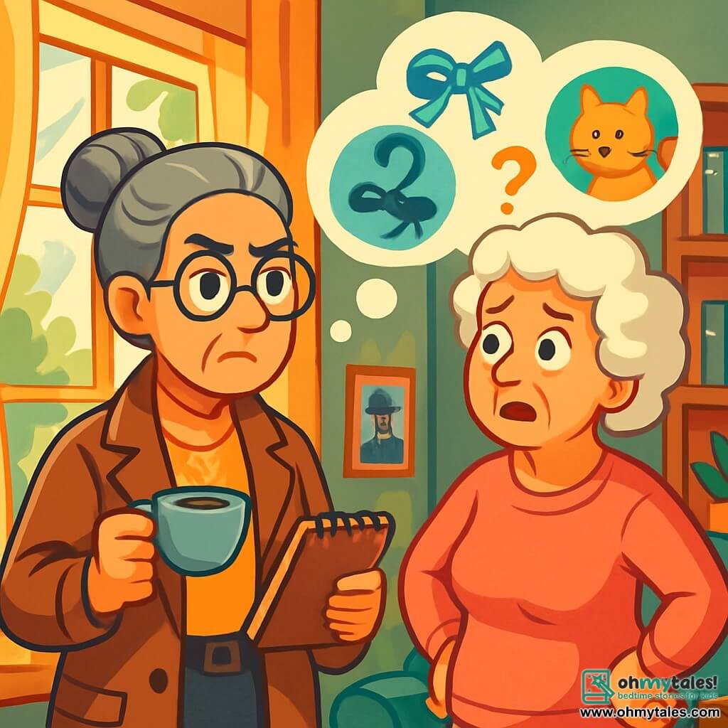 Detective Mira Lopez, in her sixties with gray hair in a bun and round glasses, stands by a window. She has a determined and curious look, holding a cup of tea in one hand and a notebook in the other. Next to her is Mrs. Beckett, an elderly woman around 70, with curly white hair and a pink sweater, looking worried with her hands on her hips, as if she has just shared a secret. Their conversation takes place in Mira's cozy living room, filled with books, green plants, and memories of her past investigations, with sunlight filtering through the curtains. The main situation shows Mira pondering a series of mysteries: missing blue ribbons, a lost cat, and a stolen cookbook, while Mrs. Beckett explains the situation, creating an atmosphere of suspense and excitement.