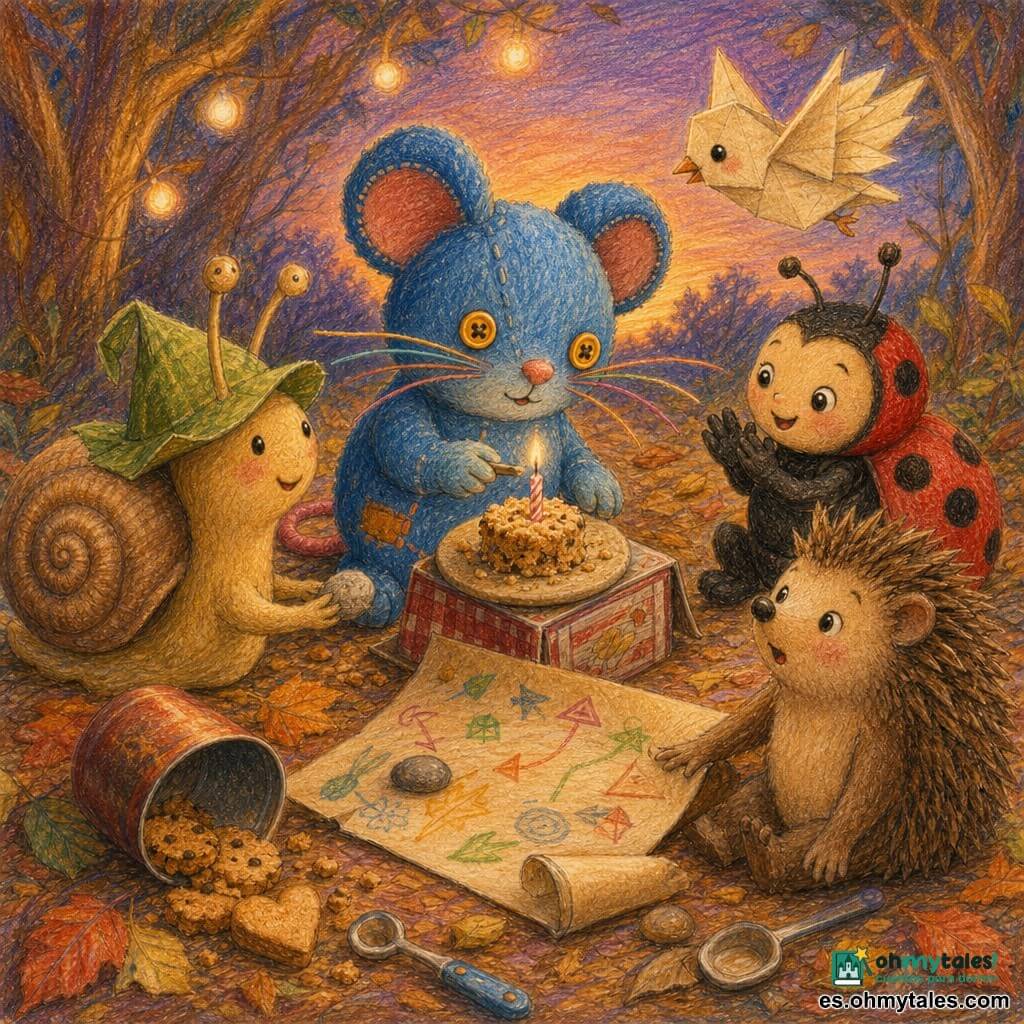 Bruna, una ratoncita de tela azul con botones amarillos por ojos y costuras visibles, sonríe y sopla una vela sobre un mini pastel de migas; Tito, un caracol con sombrero de hoja, avanza a la izquierda colocando una piedra junto al pastel; Lila, una mariquita roja de lunares negros, aplaude a la derecha; Pom, un pequeño erizo marrón de púas suaves, está sentado delante sorprendido y feliz con una pata sobre un pergamino desenrollado; Nube, un pajarito de papel marfil, vuela justo encima del grupo; el suelo es una alfombra de hojas secas naranja y amarillas con un gran rollo de papel kraft desplegado con flechas y dibujos en el centro y una caja de galletas volcada que sirve de mesa con migas; escena principal: cálido cumpleaños al crepúsculo en un claro del "Bosque Brillantito", composición íntima en círculo, colores cálidos, texturas de lápiz de color y sombras suaves, detalles infantiles como migas, botones y pequeñas piedras.