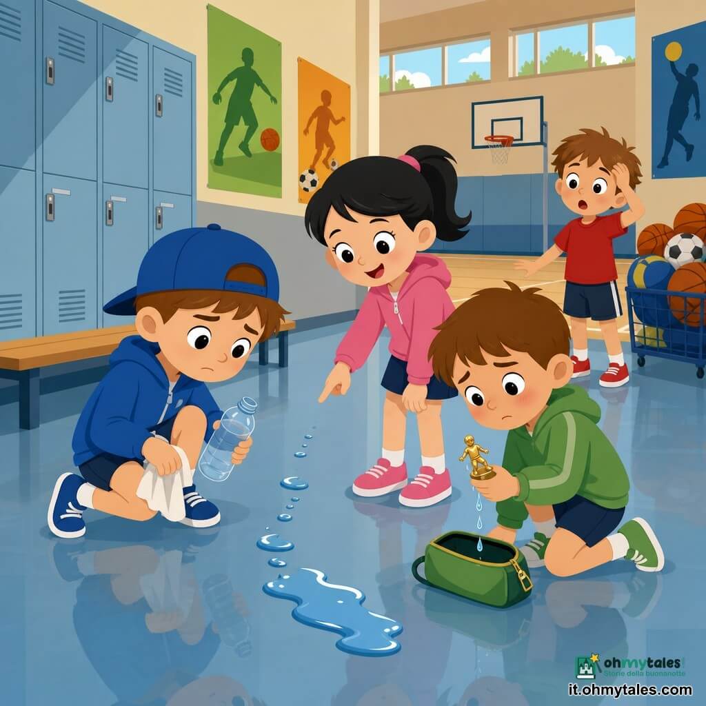 Personaggio principale: Leo, bambino di 6 anni, sguardo concentrato e curioso, sopracciglia lievemente aggrottate, capelli castani corti, berretto blu, accovacciato con una bottiglia vuota in una mano e un panno nell’altra; personaggi secondari: Maya, bambina di ~6 anni, capelli neri in coda, sorriso gentile, indica una scia di gocce sul pavimento; Edo, bambino di ~6 anni, viso timido e arrossito, capelli castani, tiene una piccola figurina brillante con la borsa sportiva verde aperta ai suoi piedi; Tommaso, bambino di ~6 anni, espressione sorpresa e comica, maglietta rossa, sullo sfondo vicino a un cestino di palloni; luogo: interno palestra e corridoio d’accesso con pavimento in linoleum lucido, panchine chiare, armadietti metallico azzurro e poster sportivi, luce morbida dalle finestre alte; situazione: i piccoli investigatori scoprono una borsa che perde, una scia di gocce conduce alla borsa verde e a una piccola pozza brillante, atmosfera di cooperazione e curiosità infantile.
